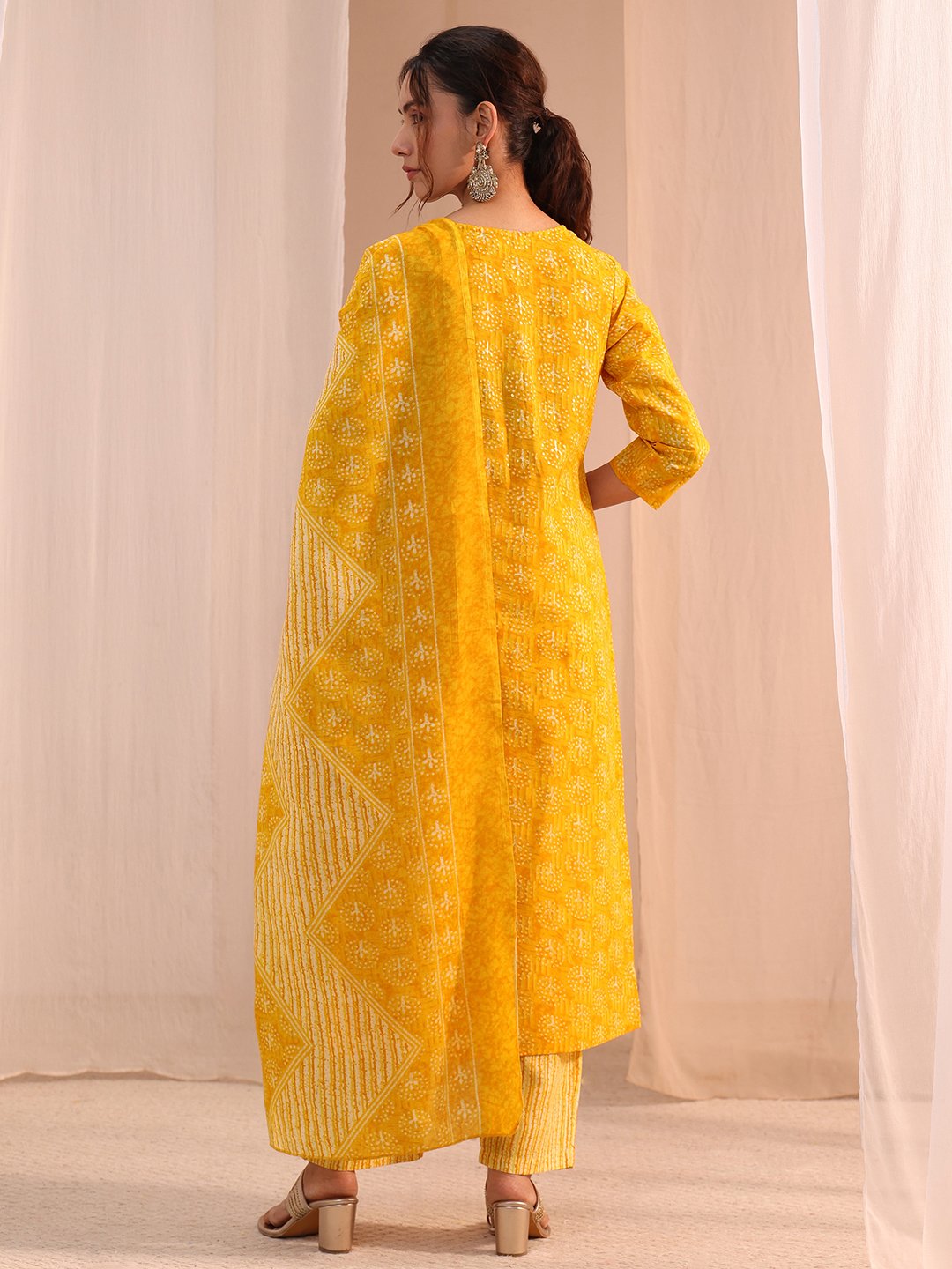 Yellow Printed Cotton Straight Fit Kurta, Straight Pants And Dupatta Set