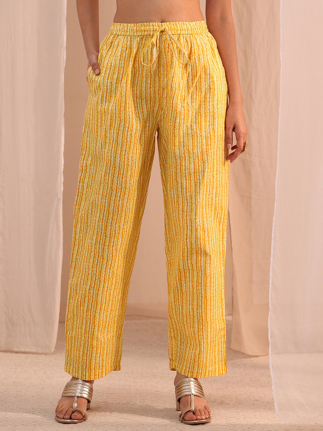 Yellow Printed Cotton Straight Fit Kurta, Straight Pants And Dupatta Set