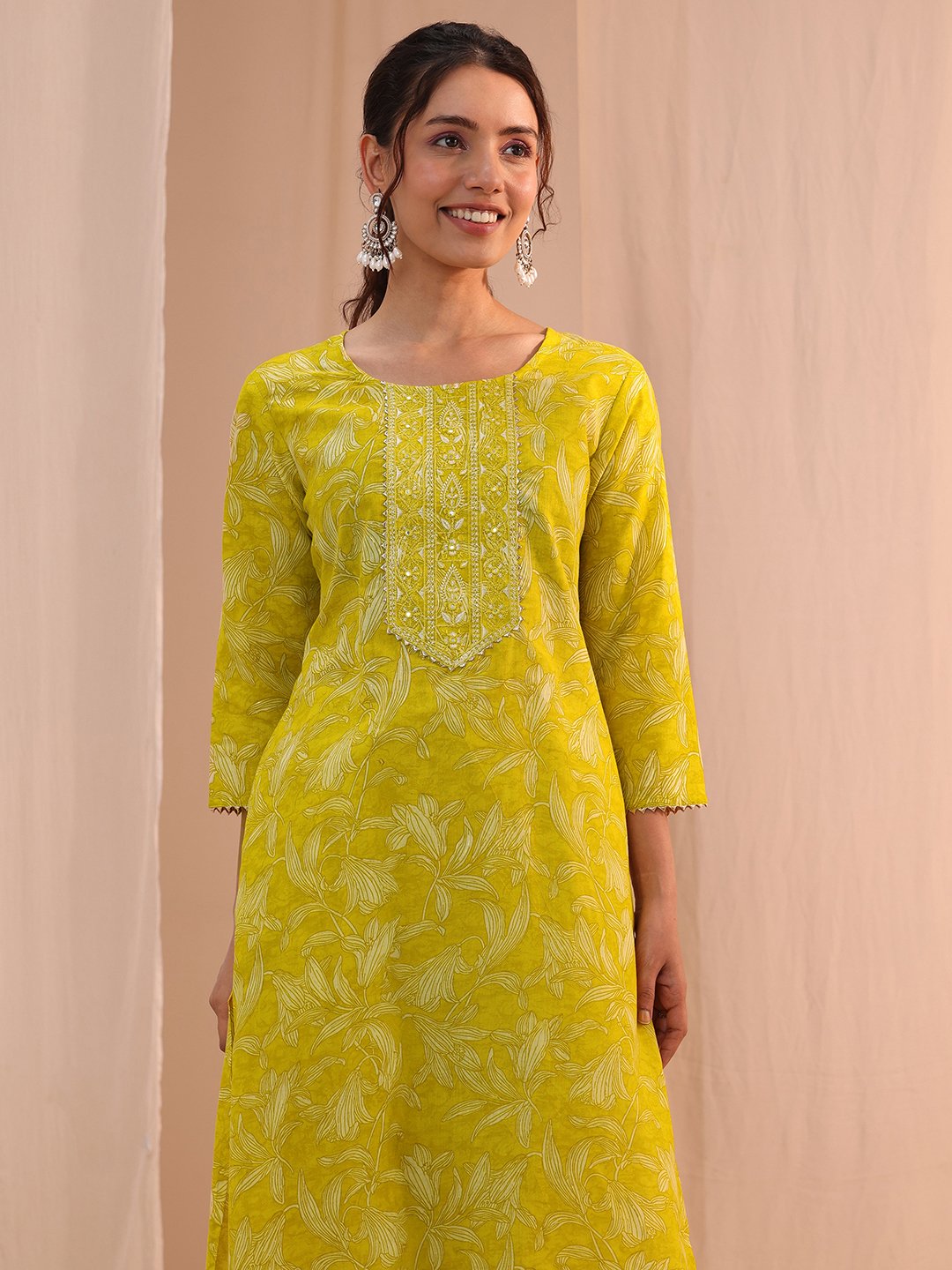 Yellow Embroidered Cotton Straight Fit Kurta, Straight Pants And Dupatta Set