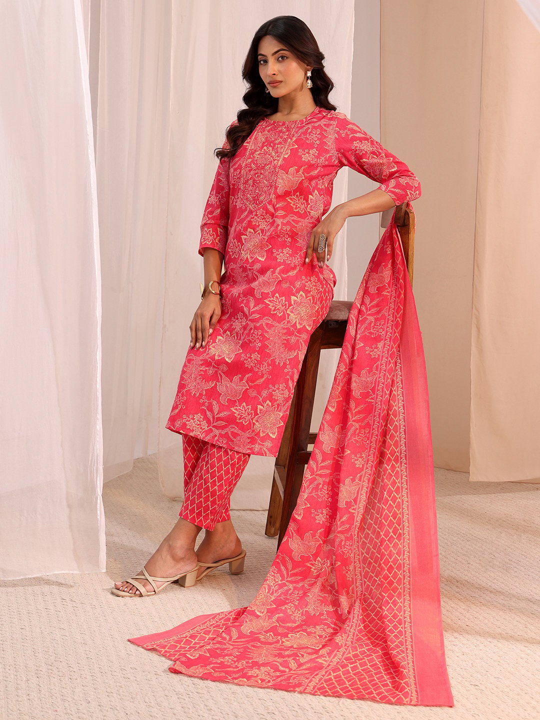 Pink Embellished Cotton Straight Fit Kurta, Straight Pants And Dupatta Set
