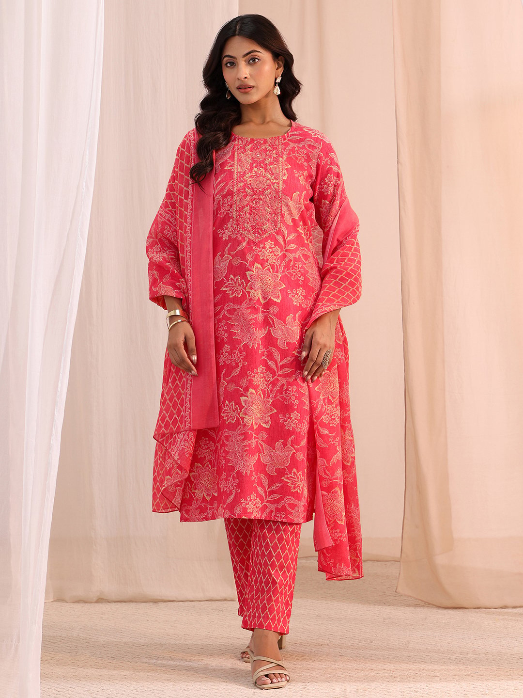 Pink Embellished Cotton Straight Fit Kurta, Straight Pants And Dupatta Set
