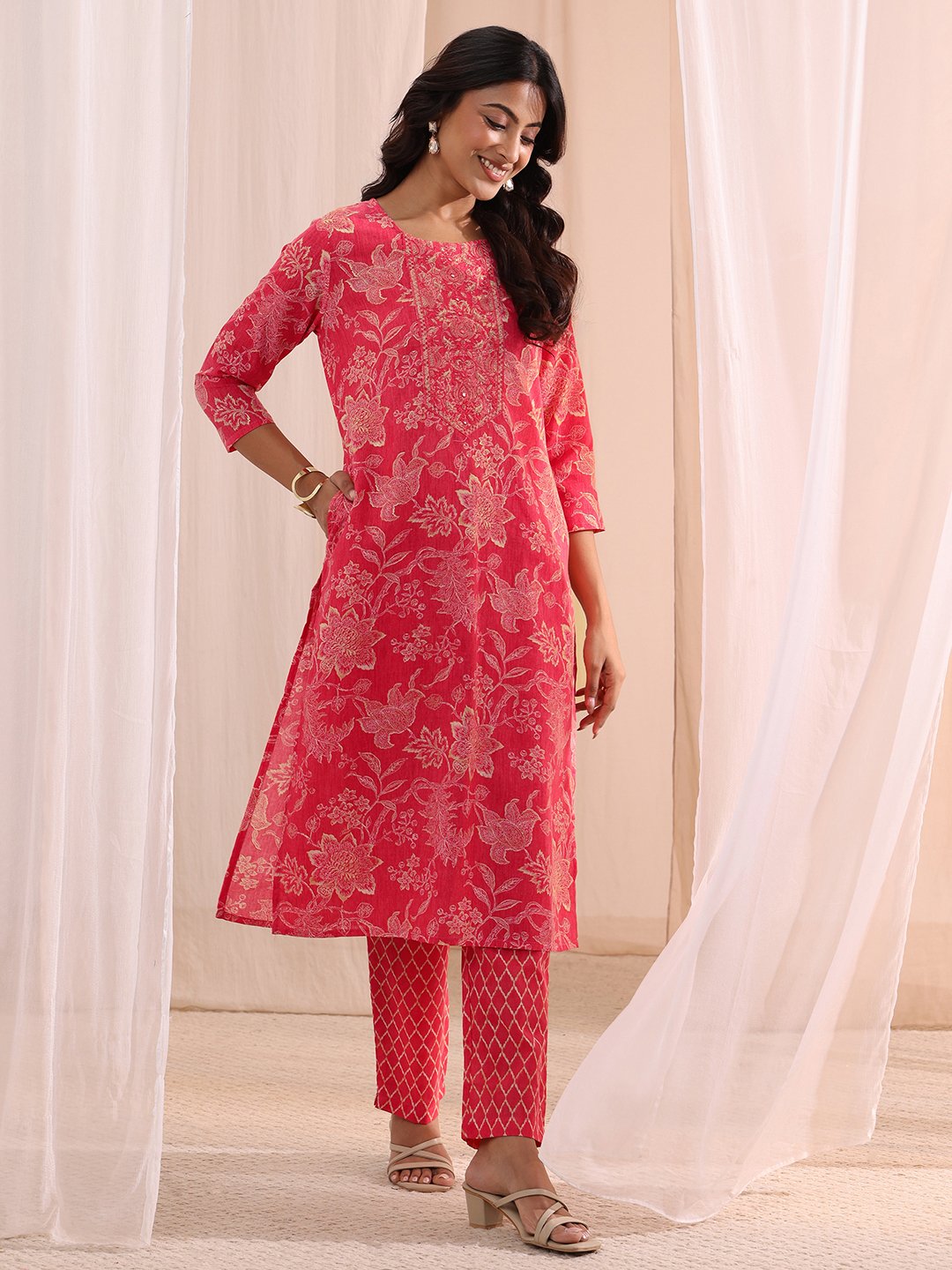 Pink Embellished Cotton Straight Fit Kurta, Straight Pants And Dupatta Set