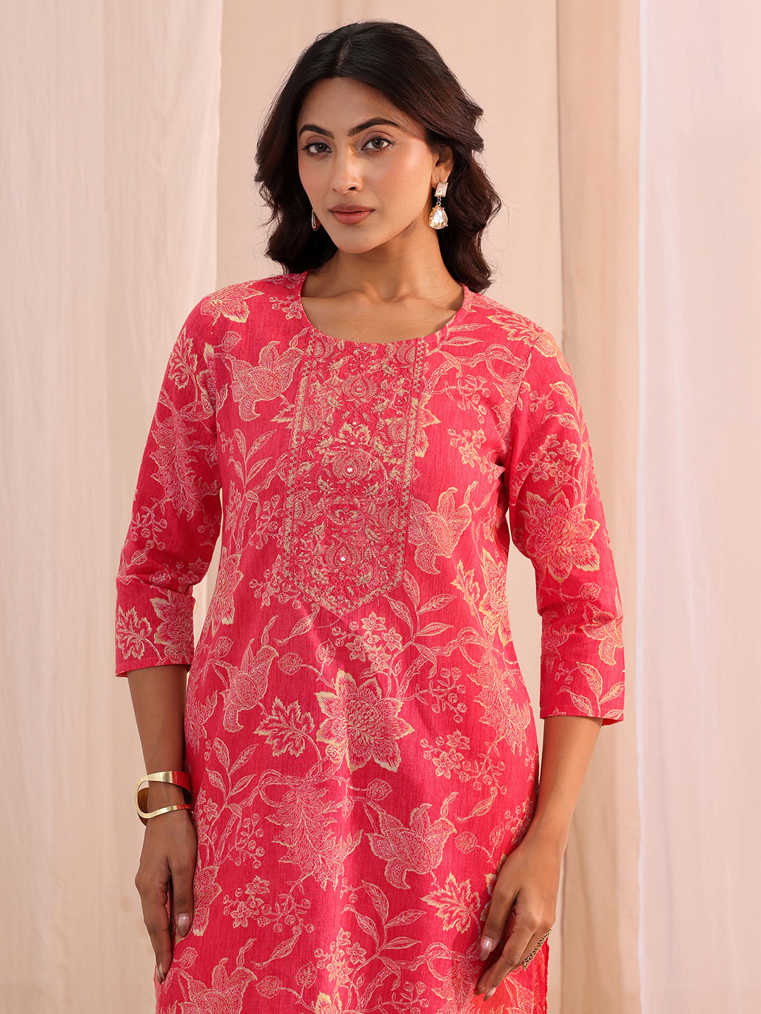 Pink Embellished Cotton Straight Fit Kurta, Straight Pants And Dupatta Set
