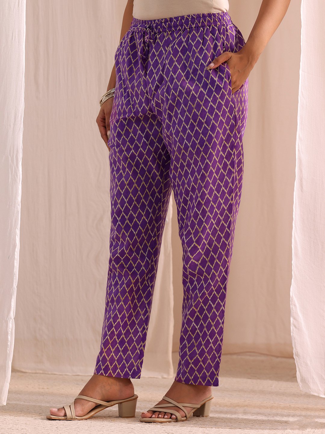 Purple Embellished Cotton Straight Fit Kurta, Straight Pants And Dupatta Set