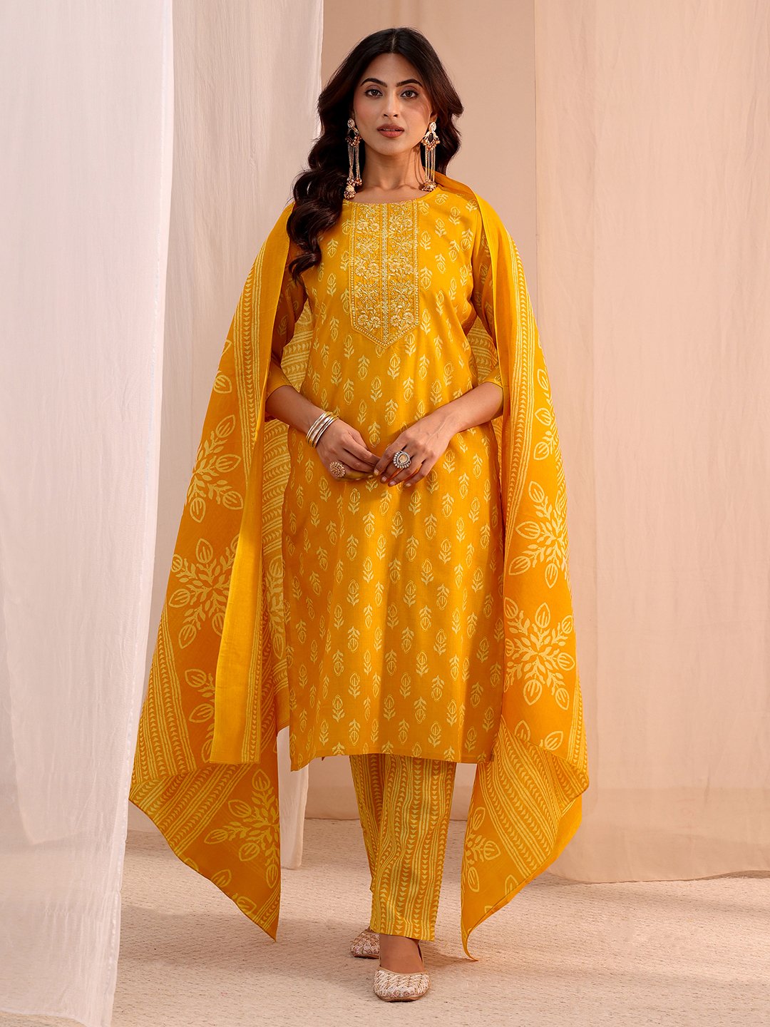 Mustard Embroidered Cotton Straight Fit Kurta, Straight Pants And Dupatta Set