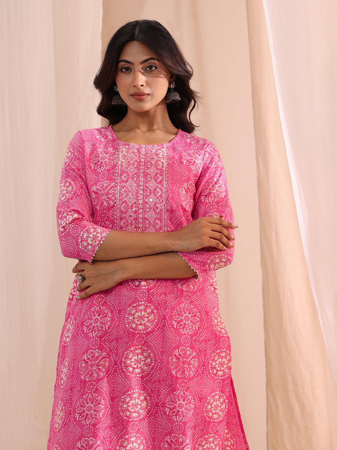 Pink Printed Cotton Straight Fit Kurta, Straight Pants And Dupatta Set