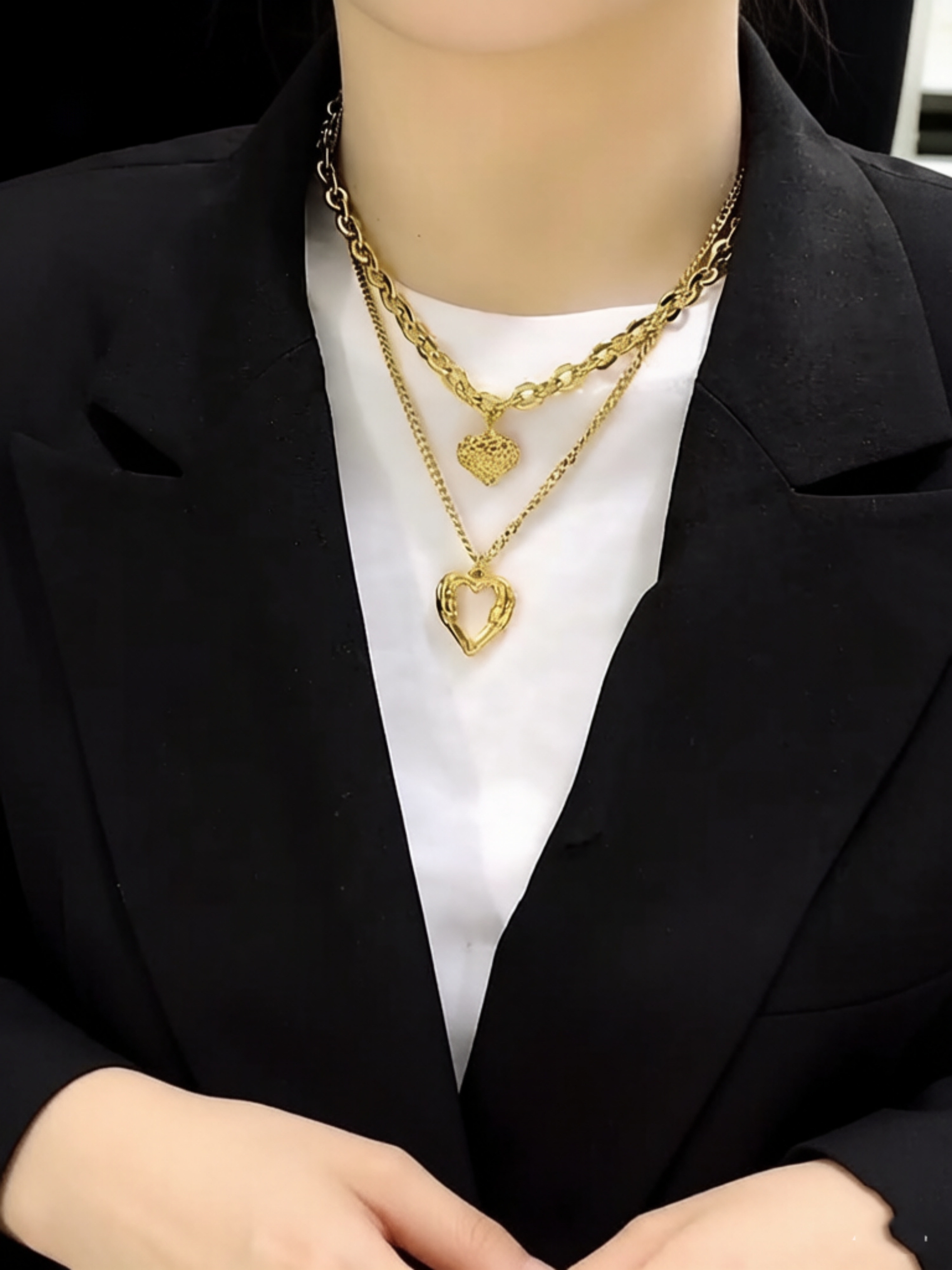 Gold Layered Heart Pendant Necklace Set
