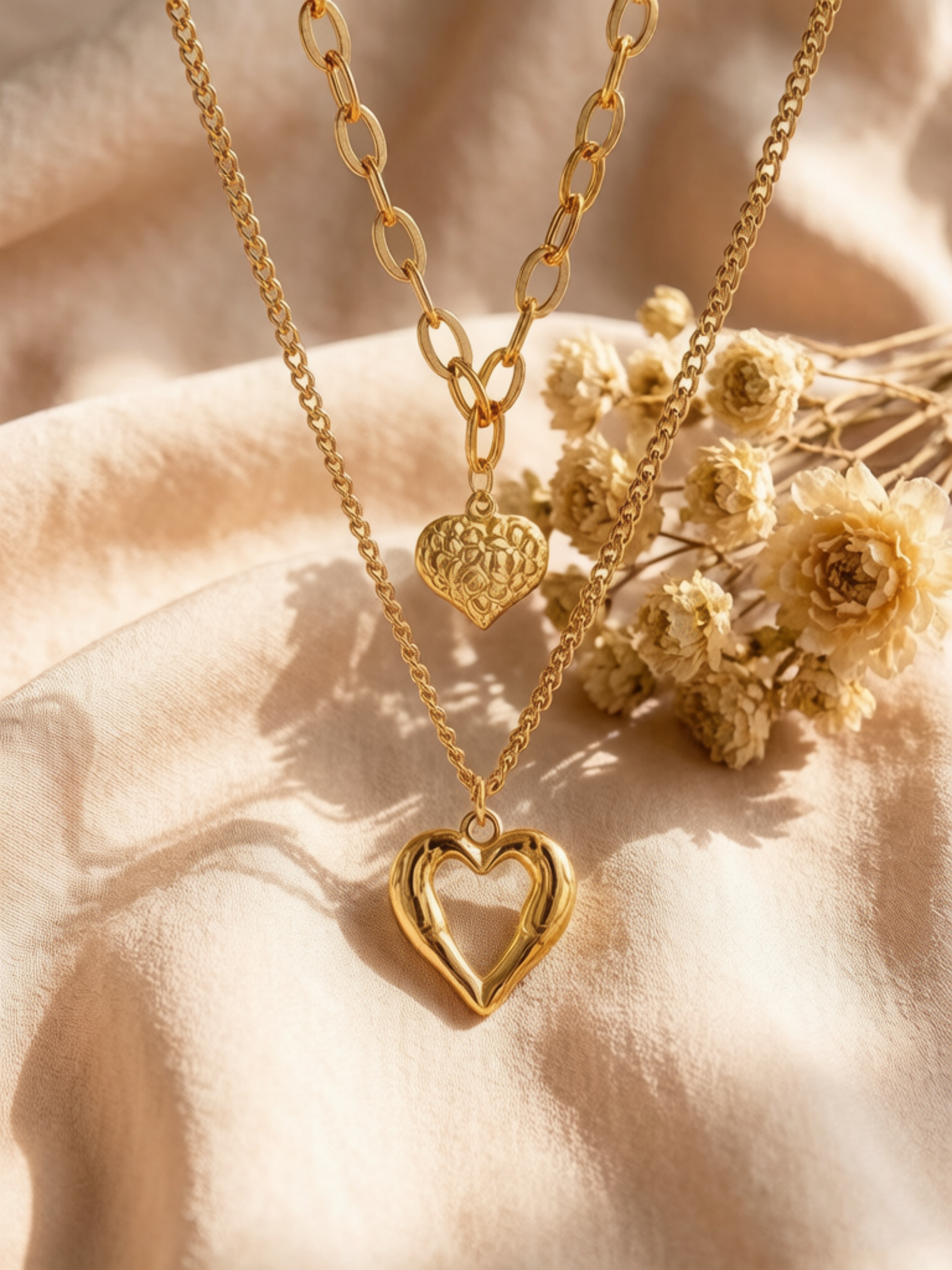 Gold Layered Heart Pendant Necklace Set