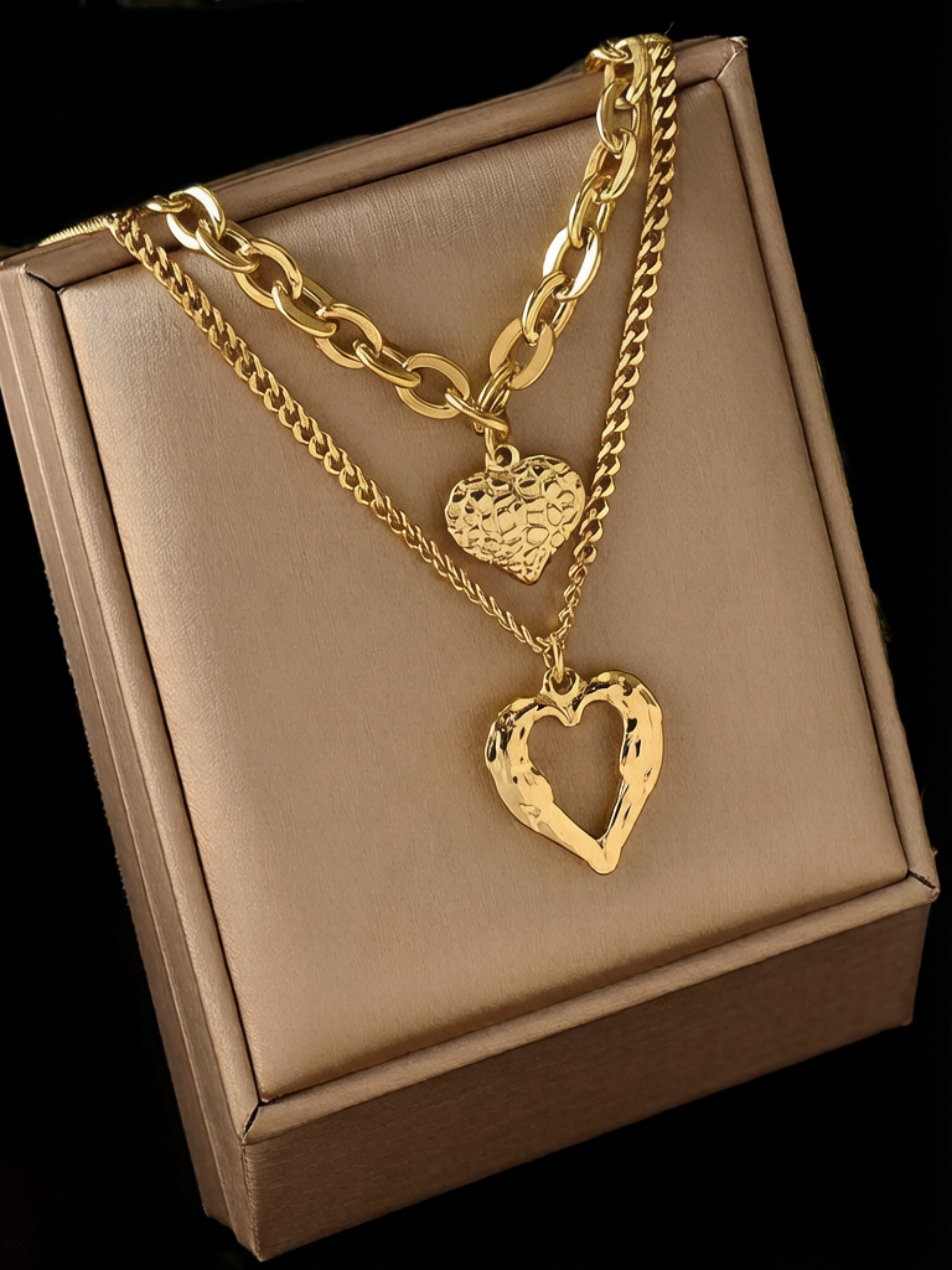 Gold Layered Heart Pendant Necklace Set