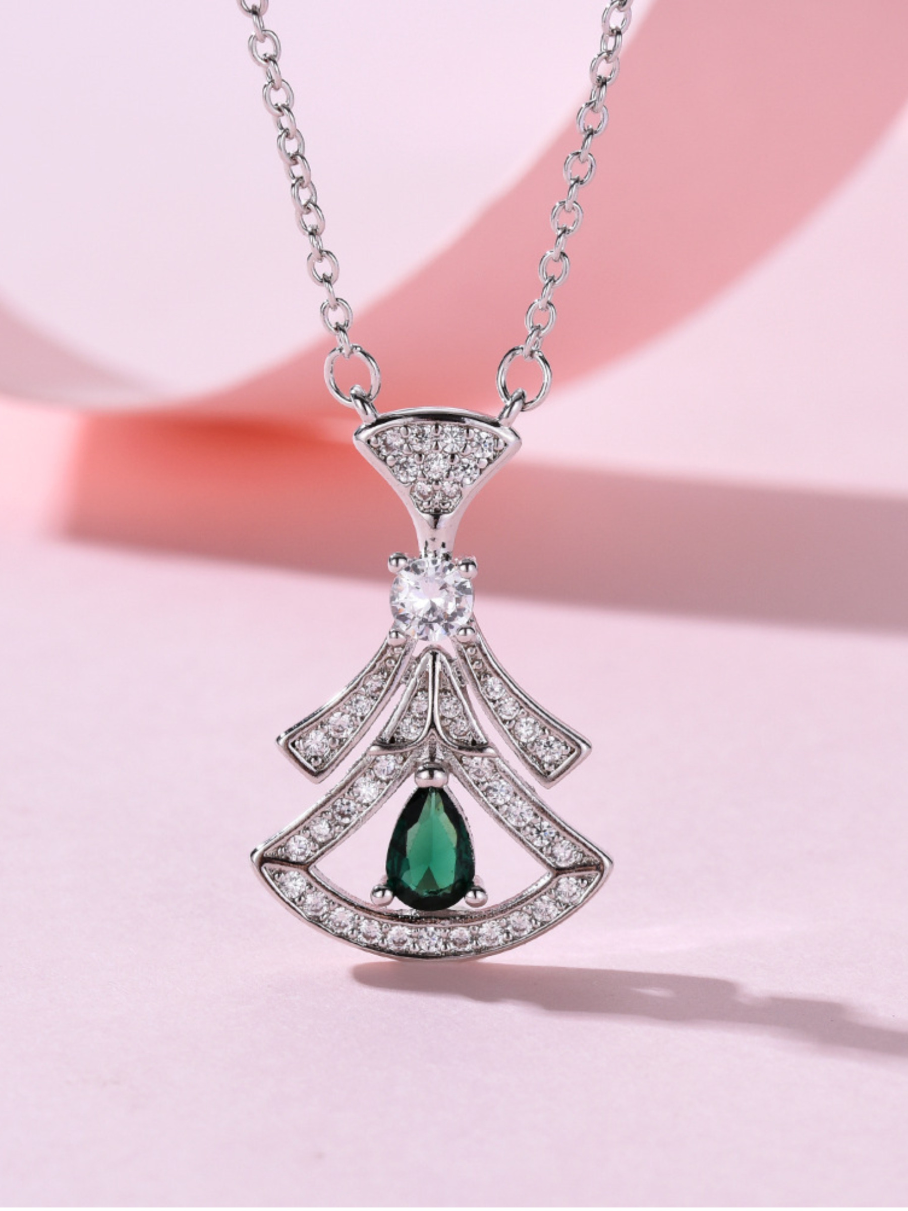 Silver Tone Pendant Necklace with Green Teardrop Stone