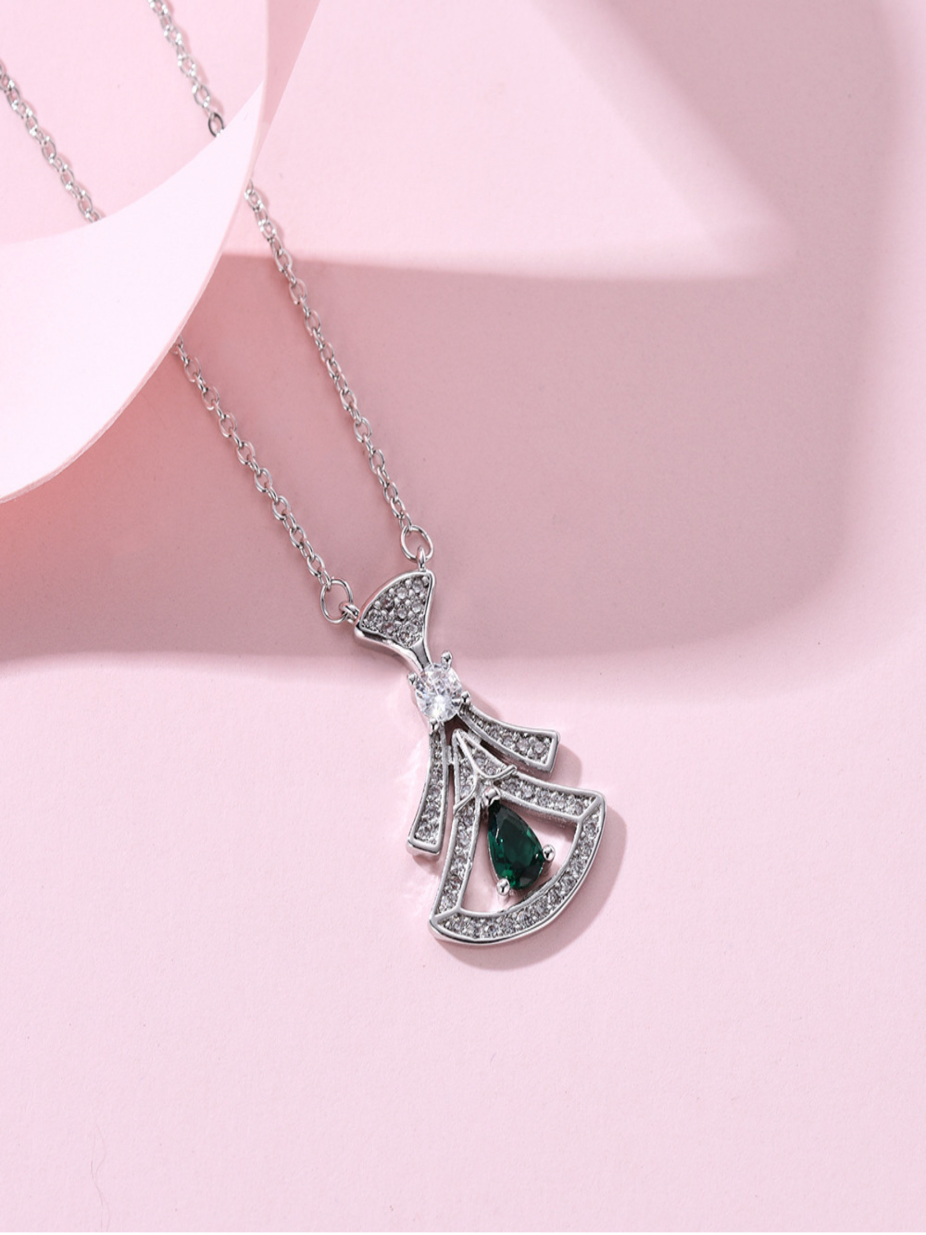 Silver Tone Pendant Necklace with Green Teardrop Stone