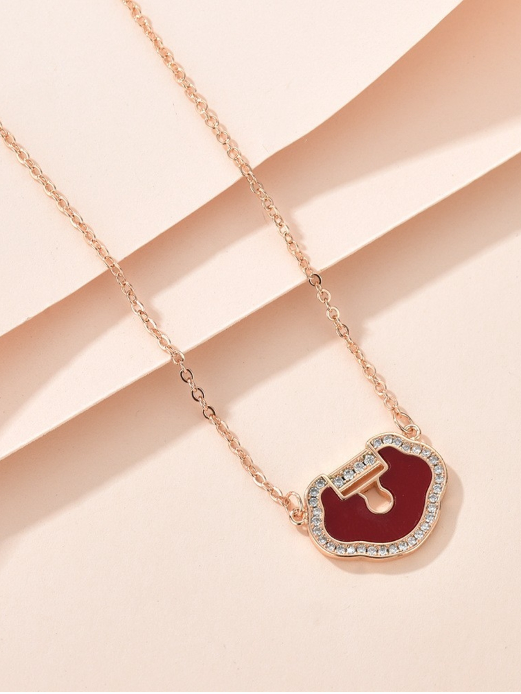 Gold Tone Red Ruyi Lock Pendant Necklace