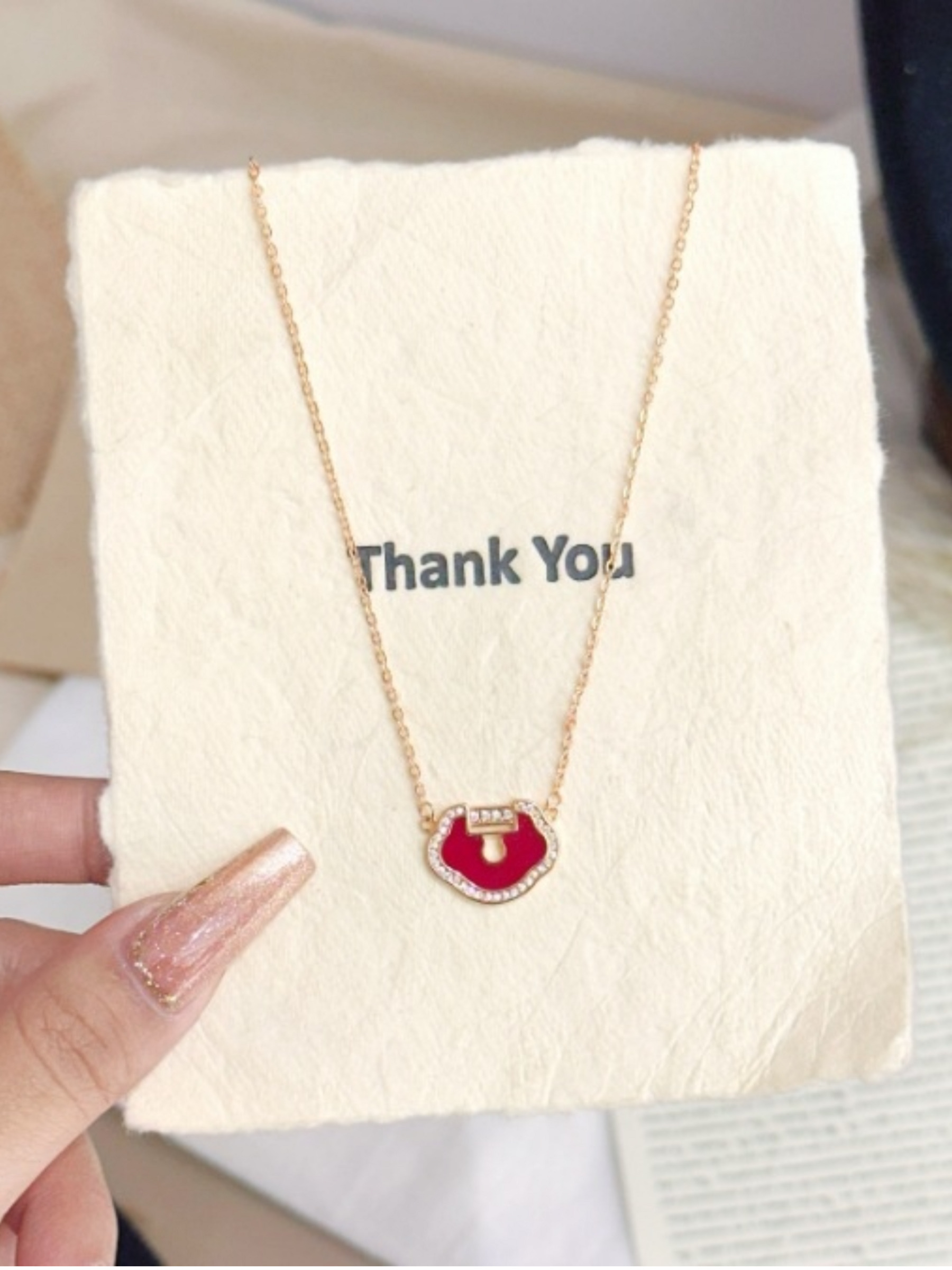 Gold Tone Red Ruyi Lock Pendant Necklace