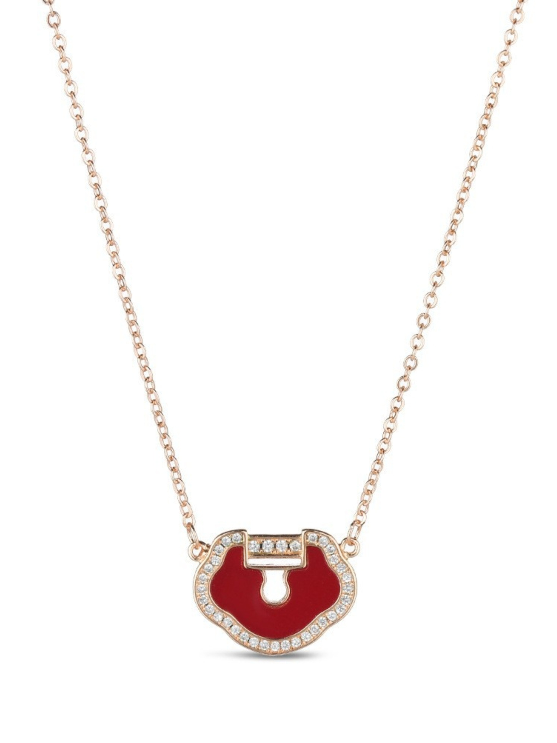 Gold Tone Red Ruyi Lock Pendant Necklace