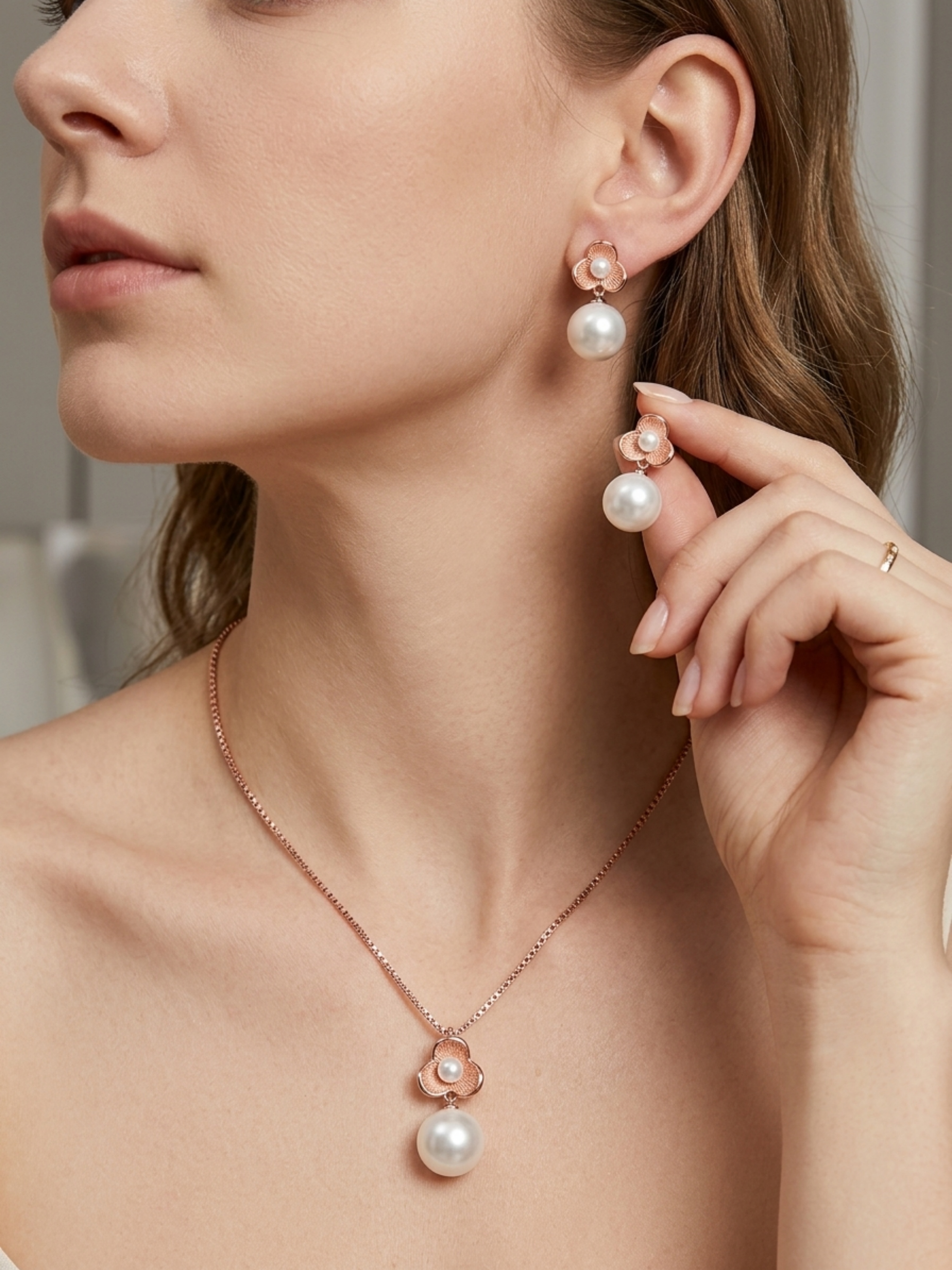 Rose Gold Floral Pearl Jewelry Set