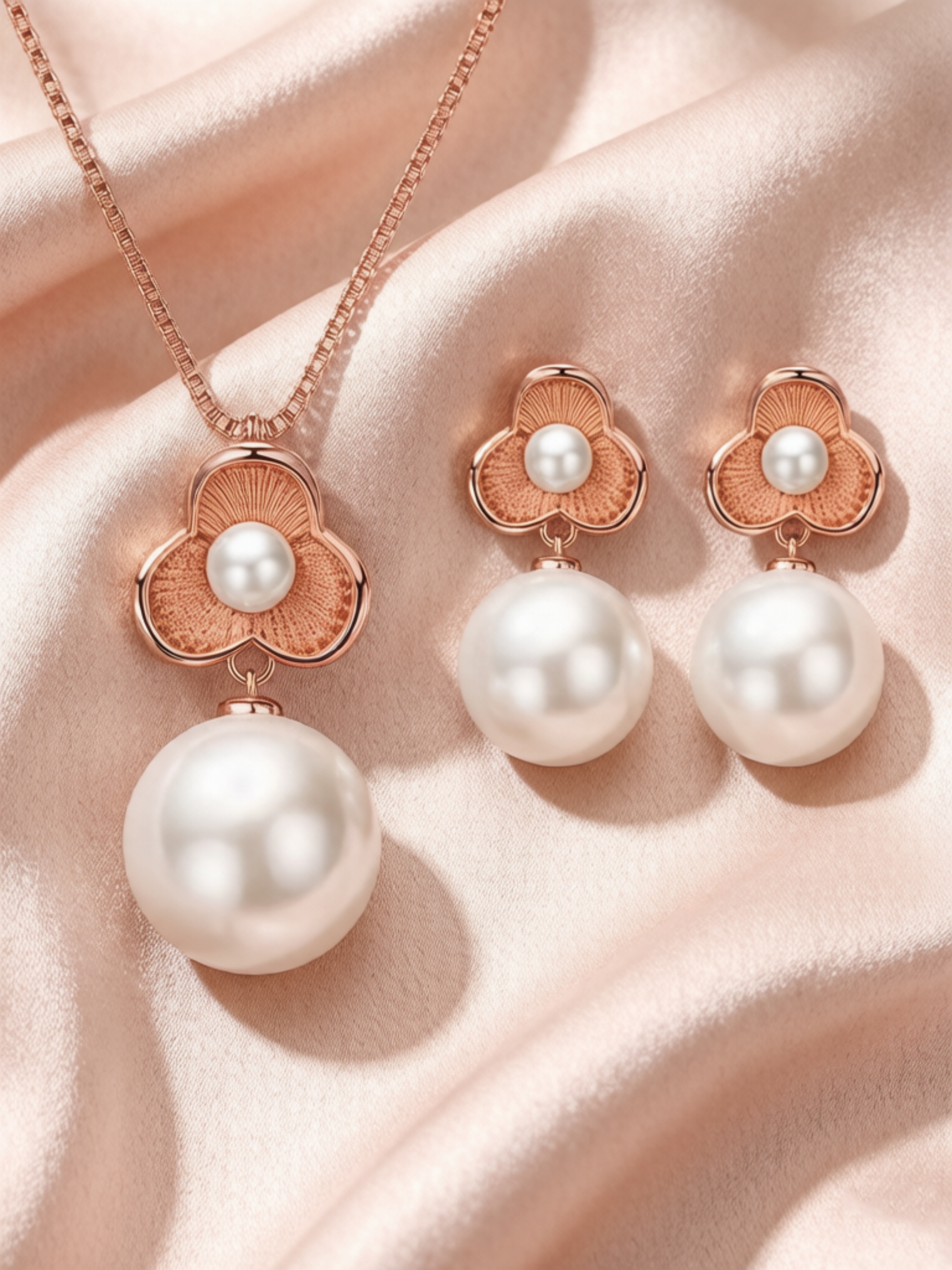Rose Gold Floral Pearl Jewelry Set
