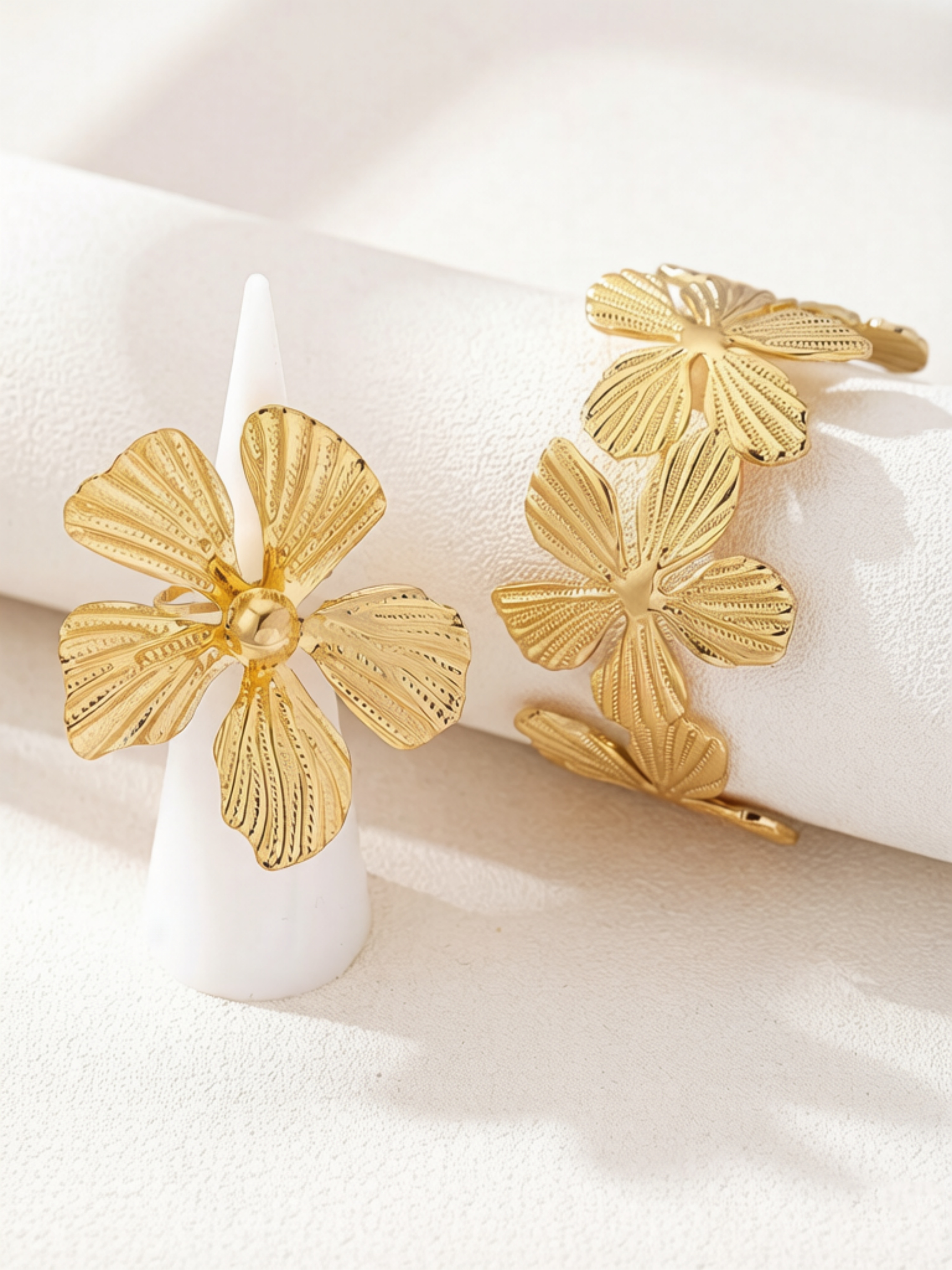Golden Blossom Bracelet and Ring Set for Women