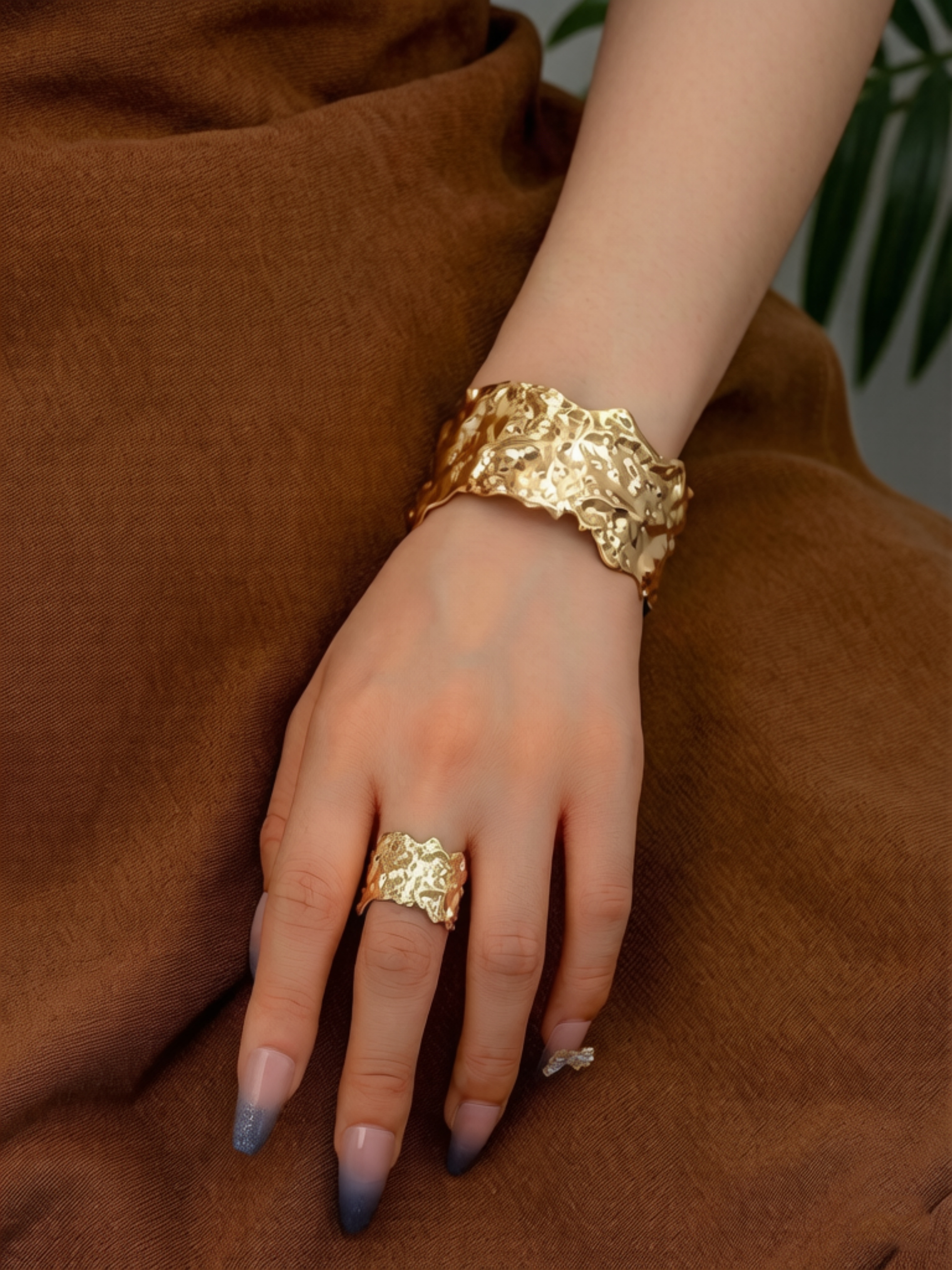 Golden Irregular Textured Cuff and Ring Set - Free Size
