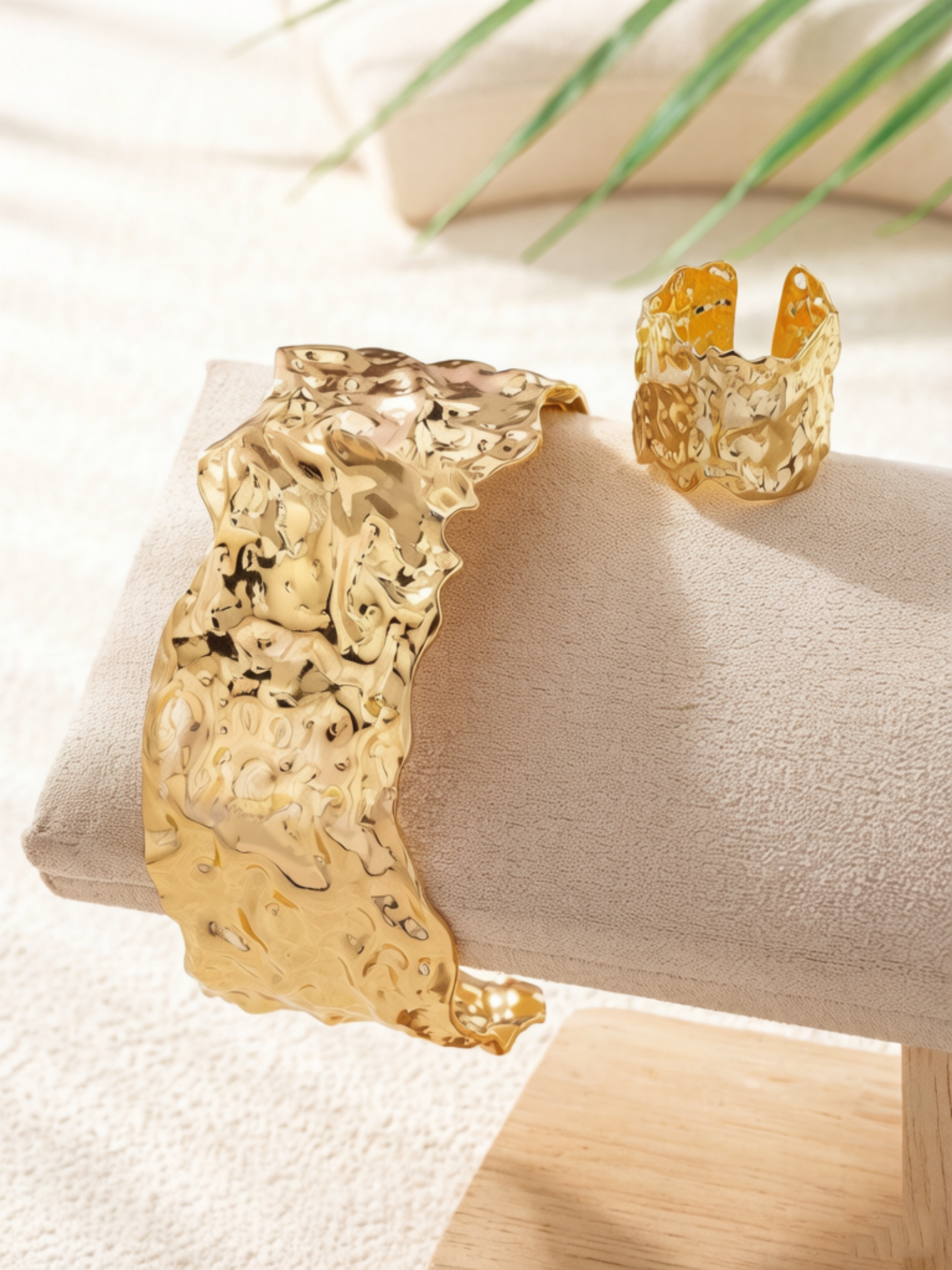 Golden Irregular Textured Cuff and Ring Set - Free Size
