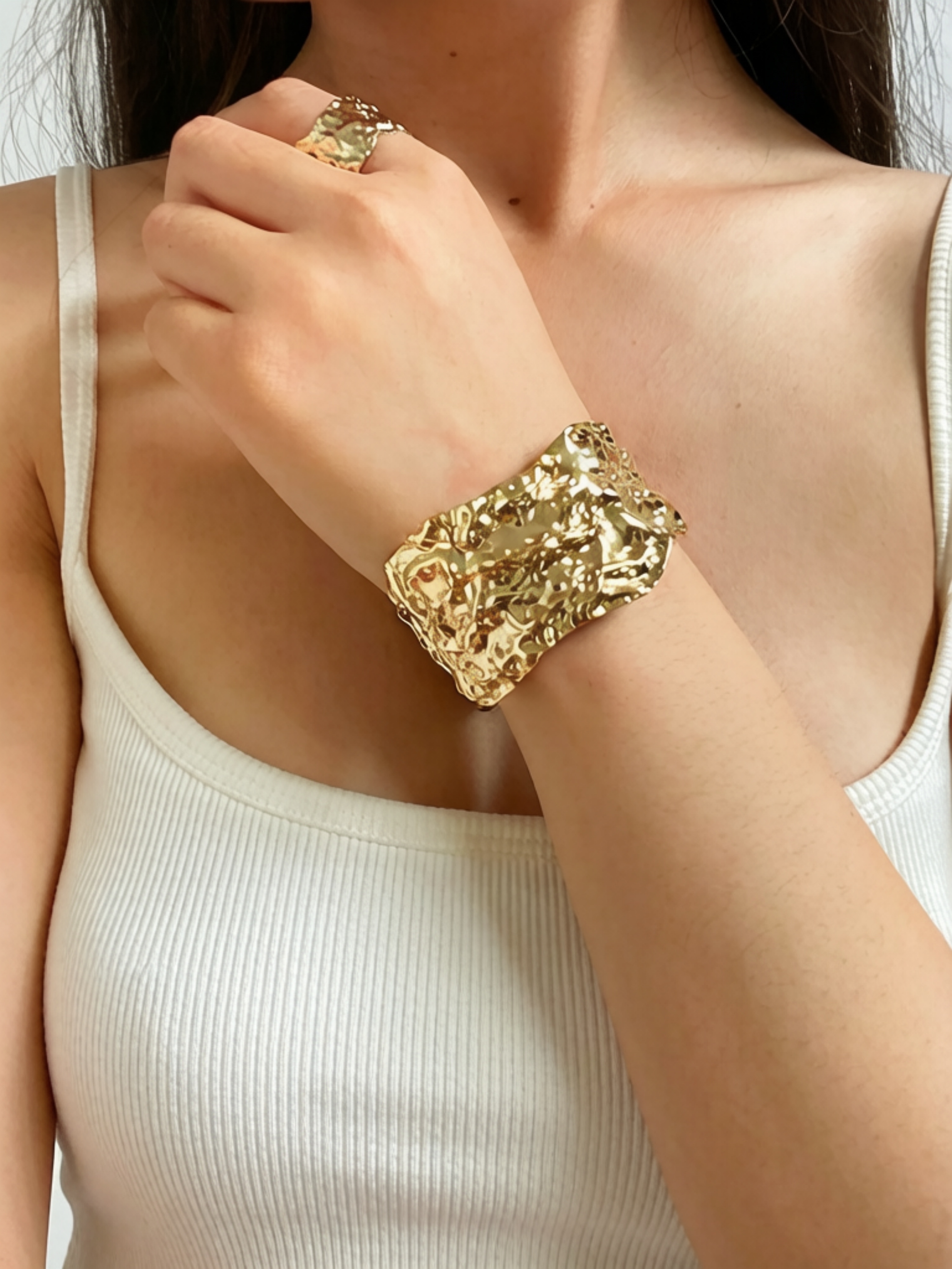 Golden Irregular Textured Cuff and Ring Set - Free Size