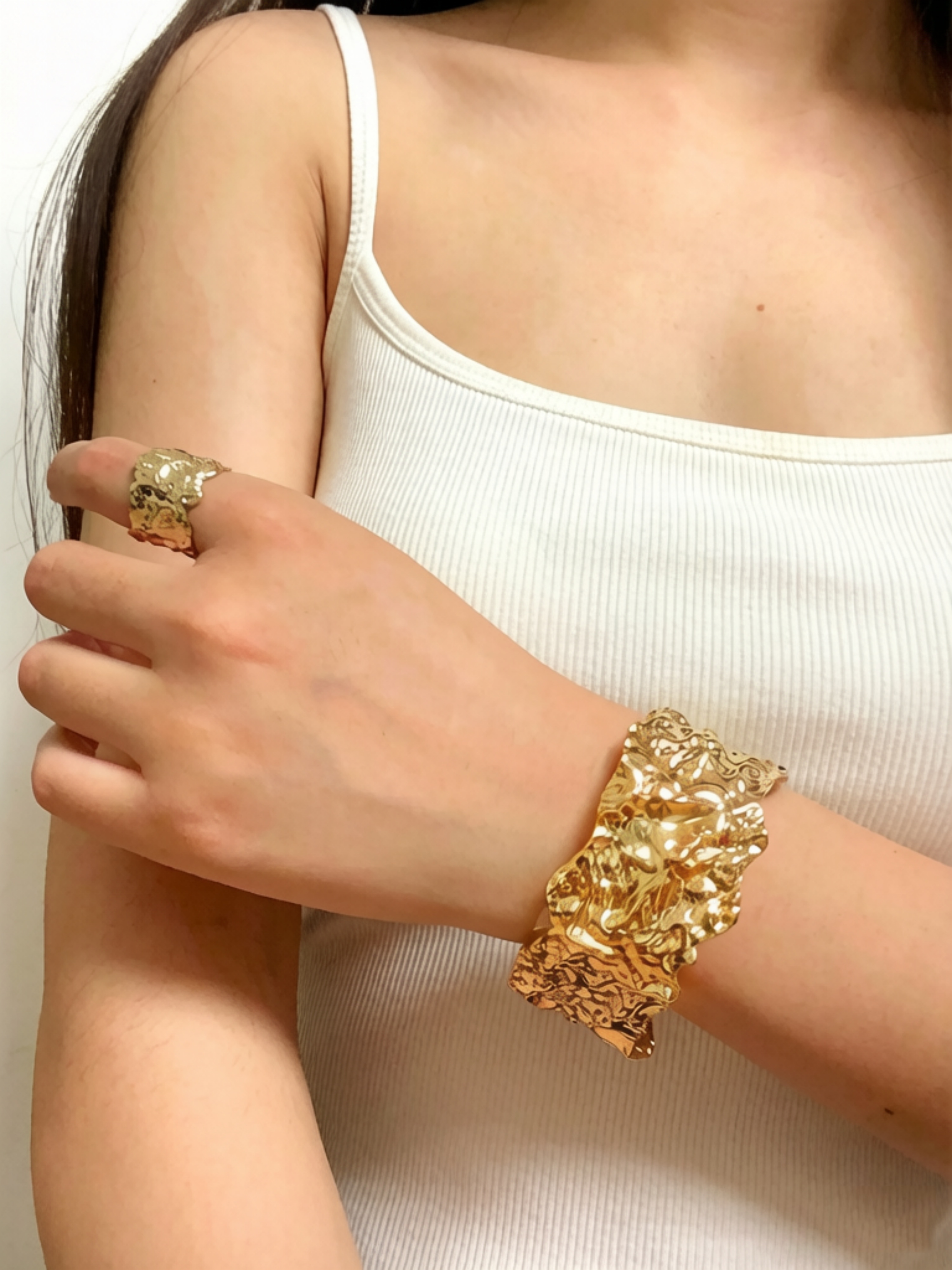 Golden Irregular Textured Cuff and Ring Set - Free Size