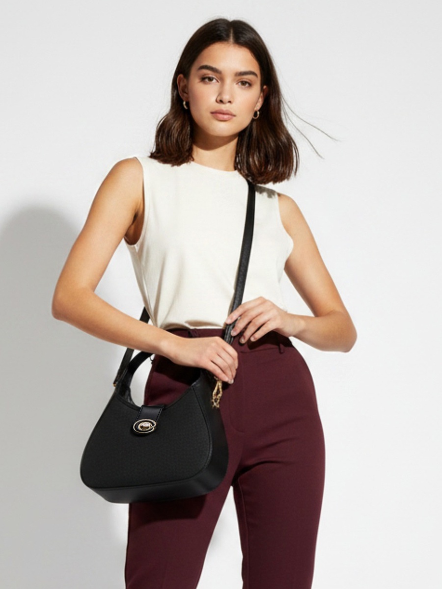 Solid Shoulder Bag with Twist Lock Closure