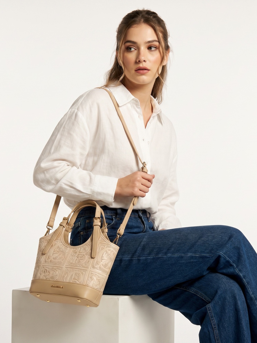 Embroidered Shoulder Bag with Zip Closure