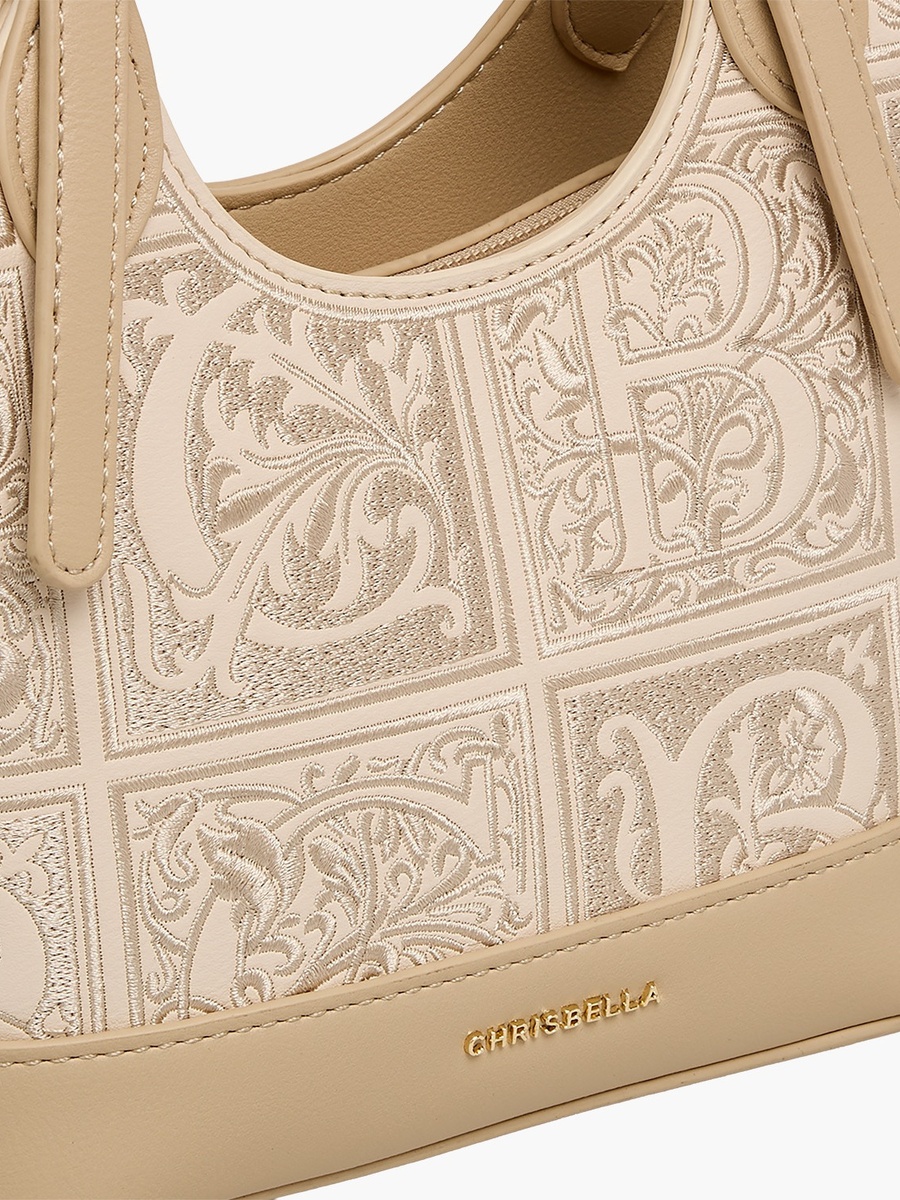 Embroidered Shoulder Bag with Zip Closure
