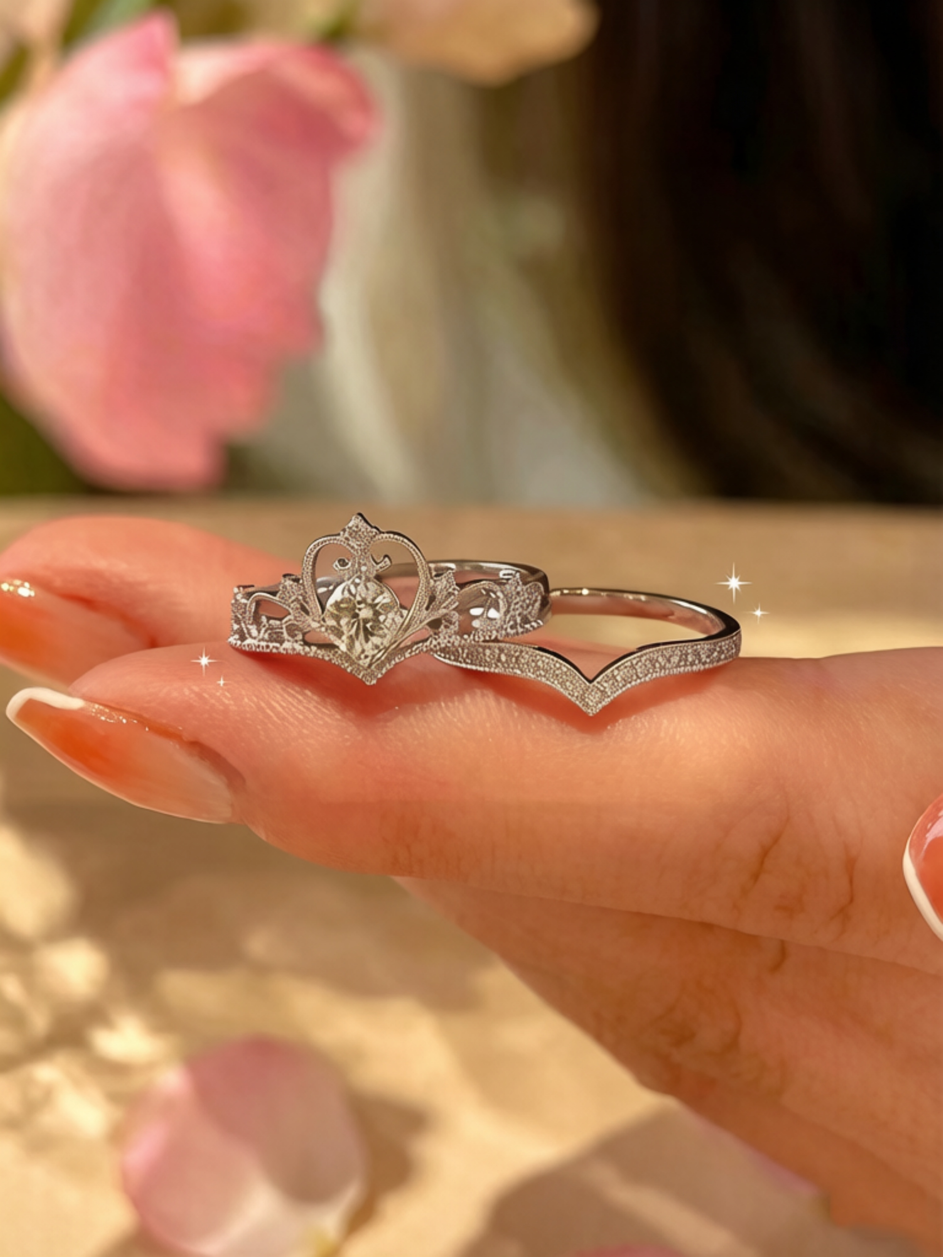 Silver Crown and Chevron Ring Set