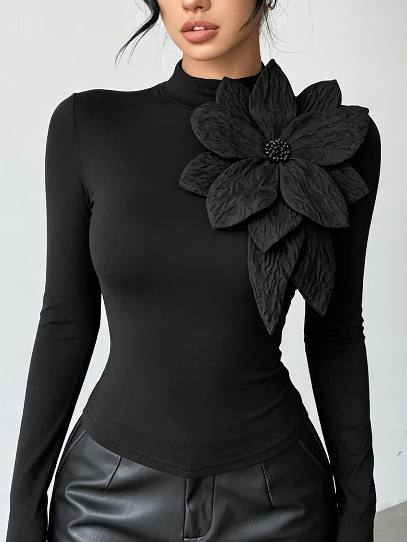 Chic Black Long Sleeve Top with 3D Floral Appliqué
