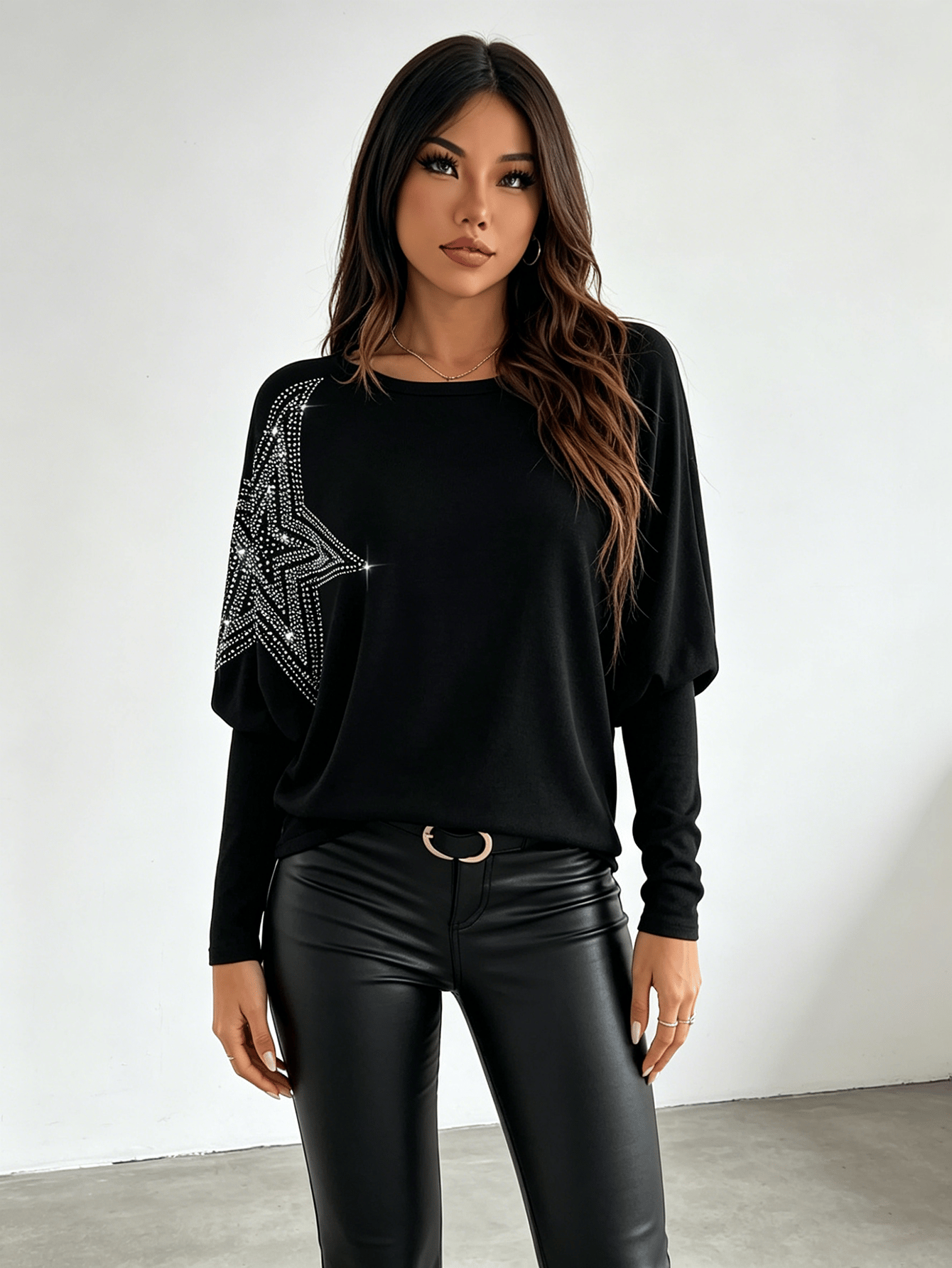 Black Sparkly Rhinestone Star Batwing Sleeve Top