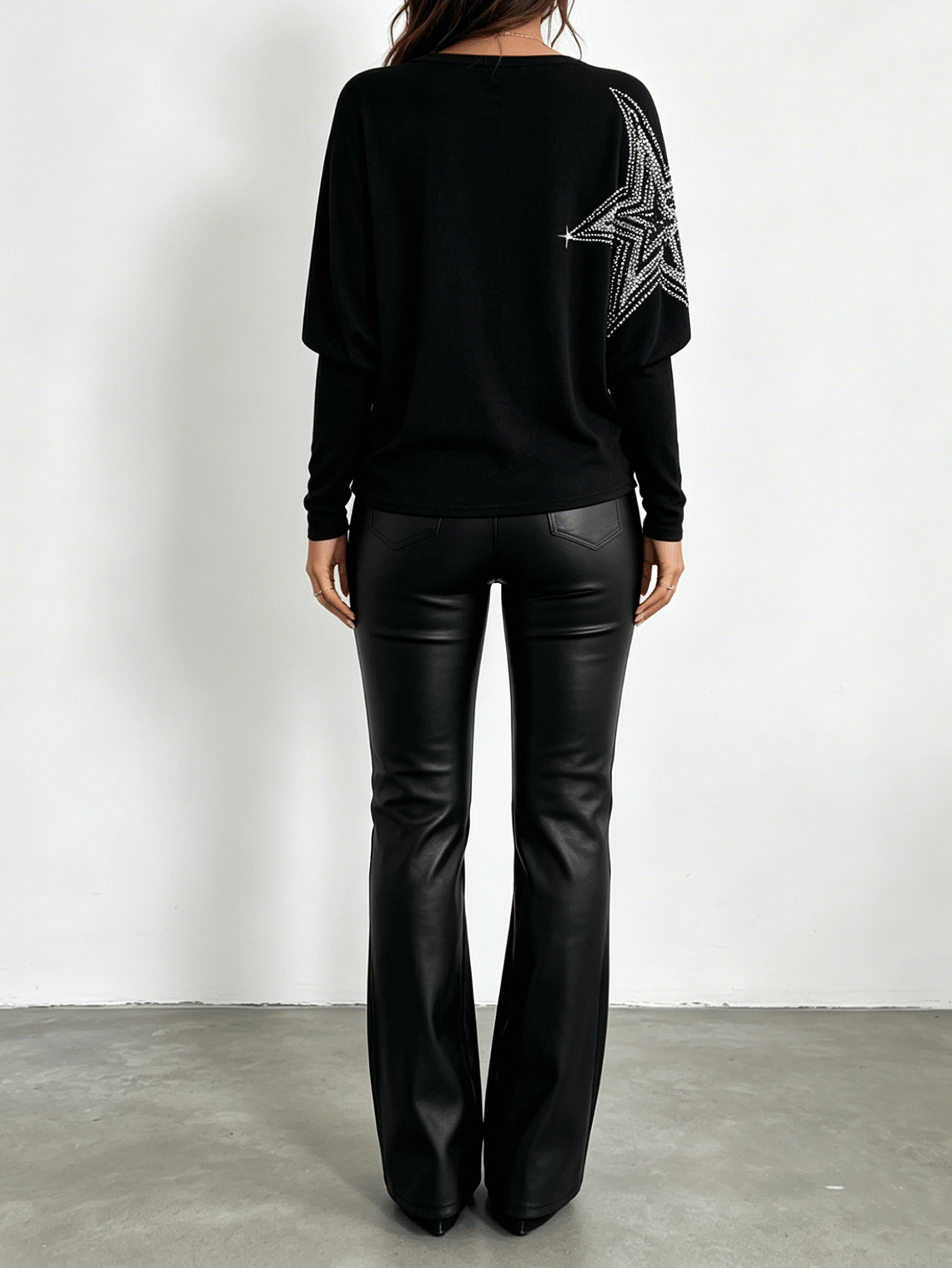 Black Sparkly Rhinestone Star Batwing Sleeve Top