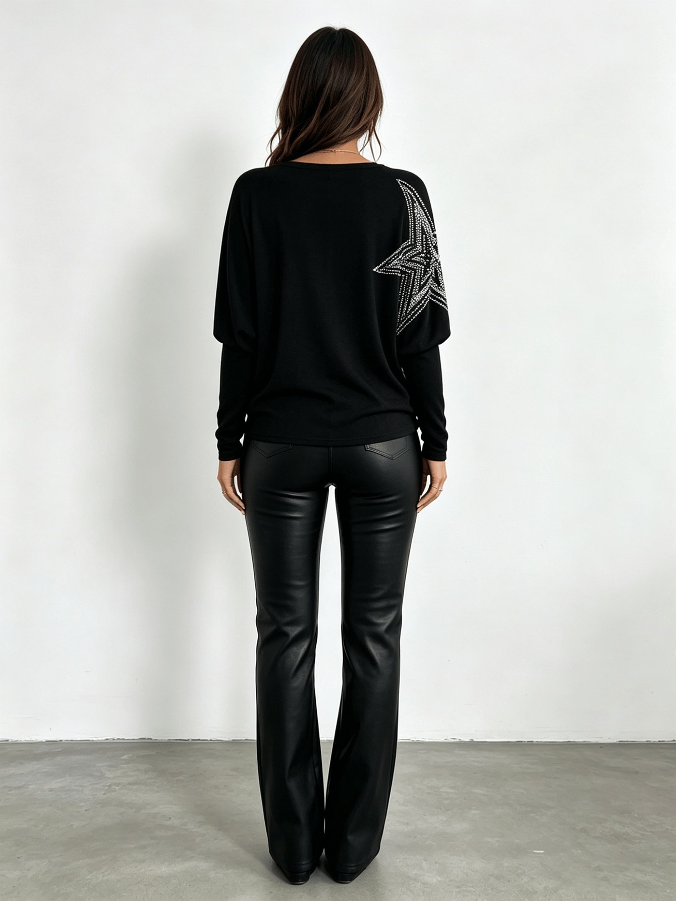 Black Sparkly Rhinestone Star Batwing Sleeve Top