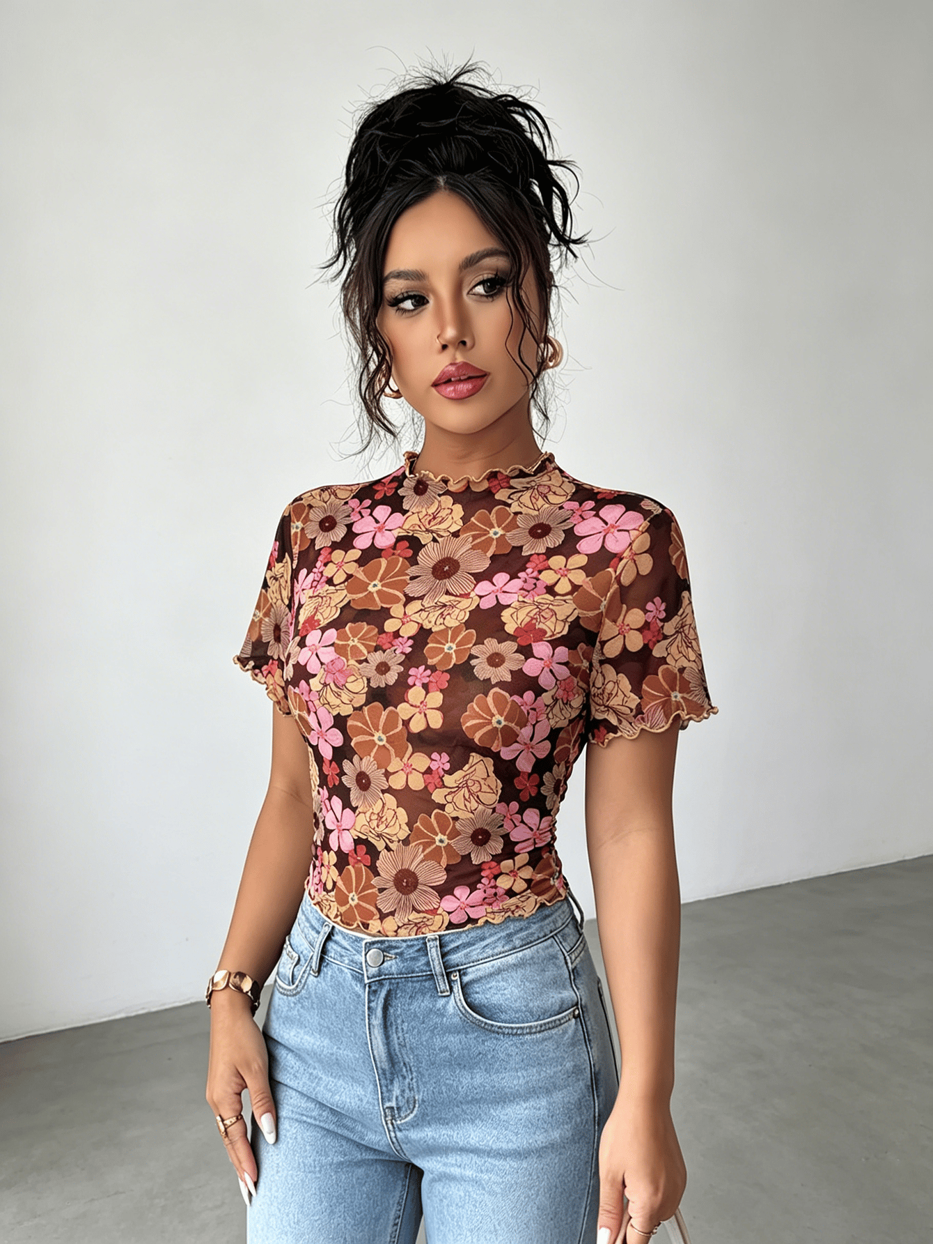 Multi Floral Mesh Short Sleeve Top with Ruffle Trim