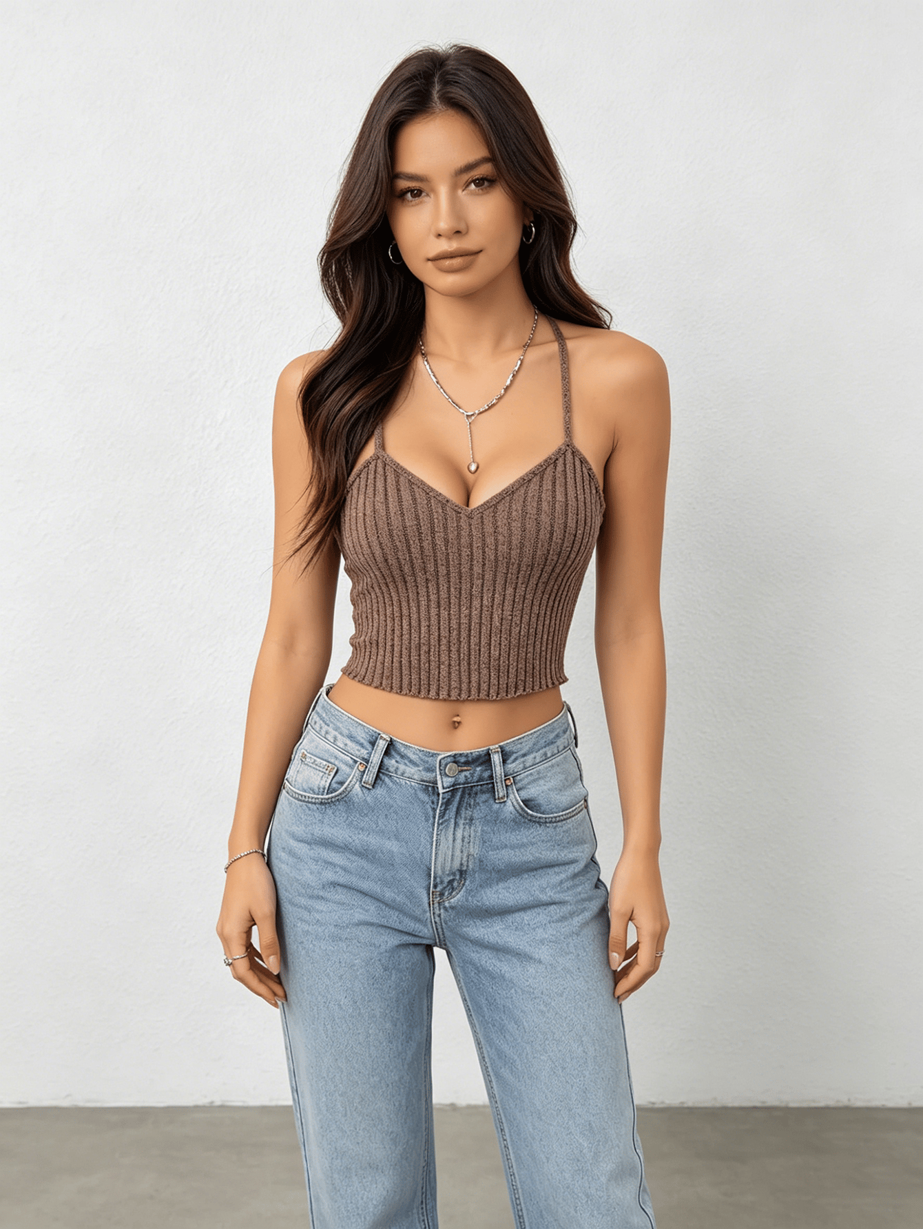 Nude Ribbed Knit V Neck Crop Top