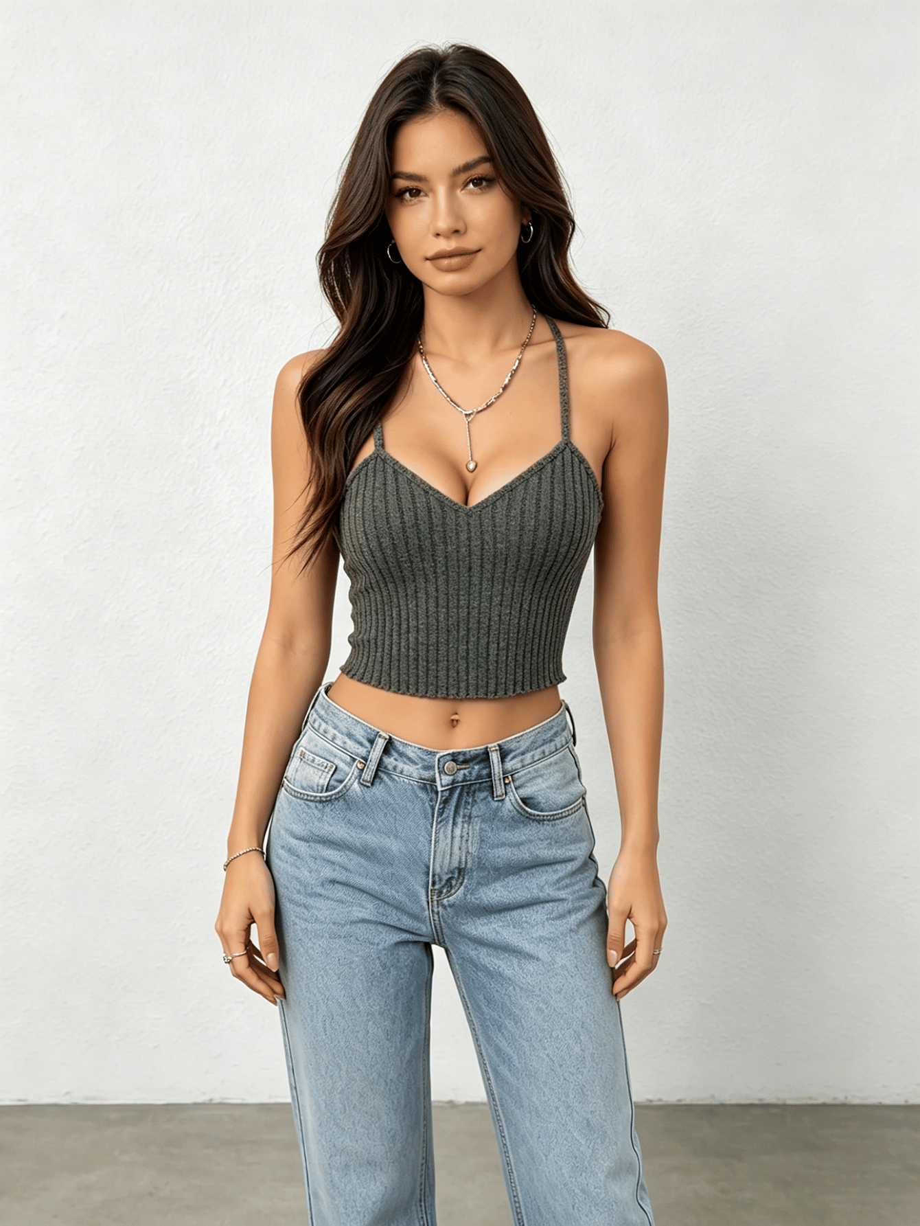 Green Ribbed Knit V Neck Crop Top