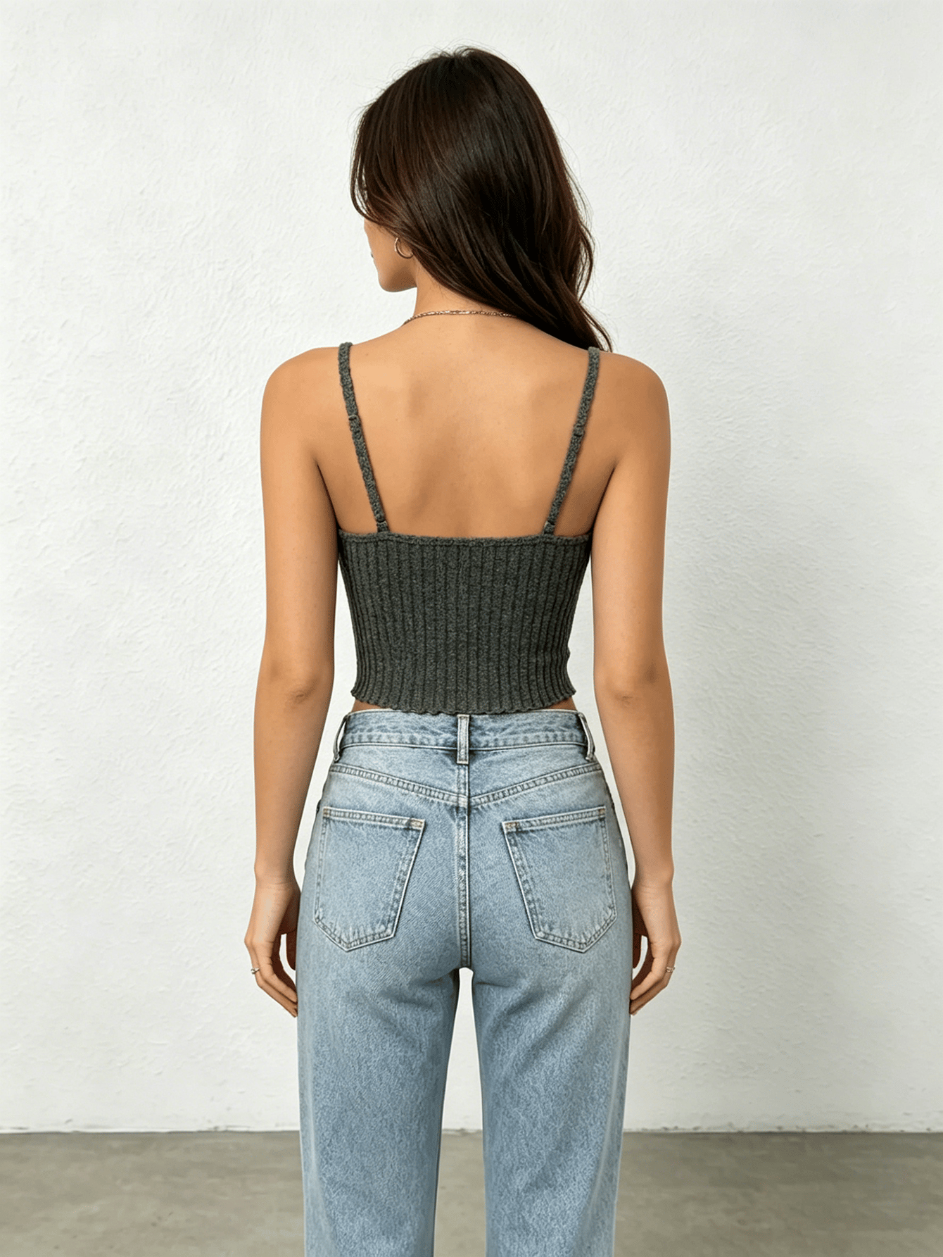 Green Ribbed Knit V Neck Crop Top