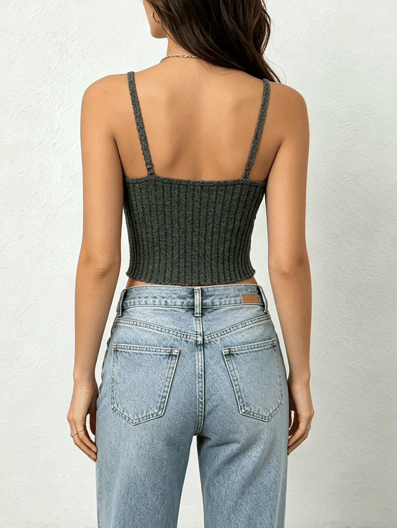 Green Ribbed Knit V Neck Crop Top