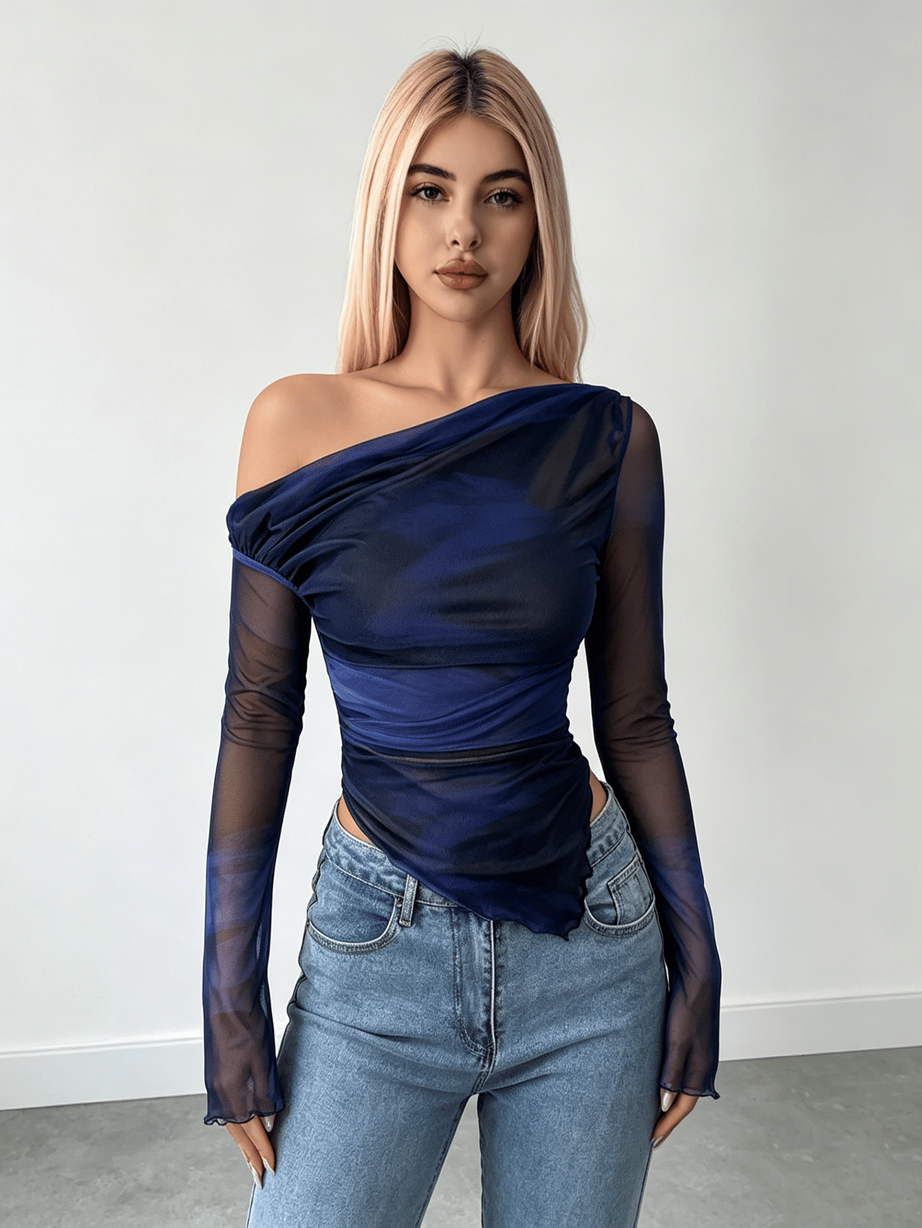 Multi-Color Mesh Asymmetric Long Sleeve Top