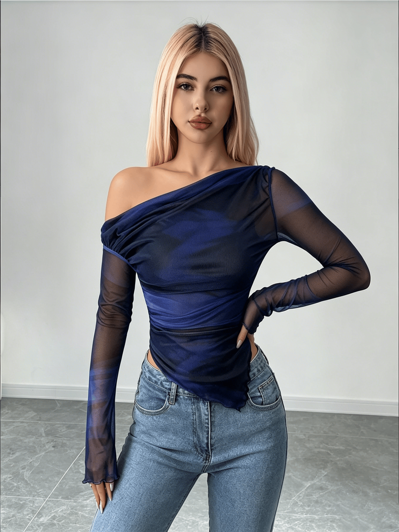 Multi-Color Mesh Asymmetric Long Sleeve Top
