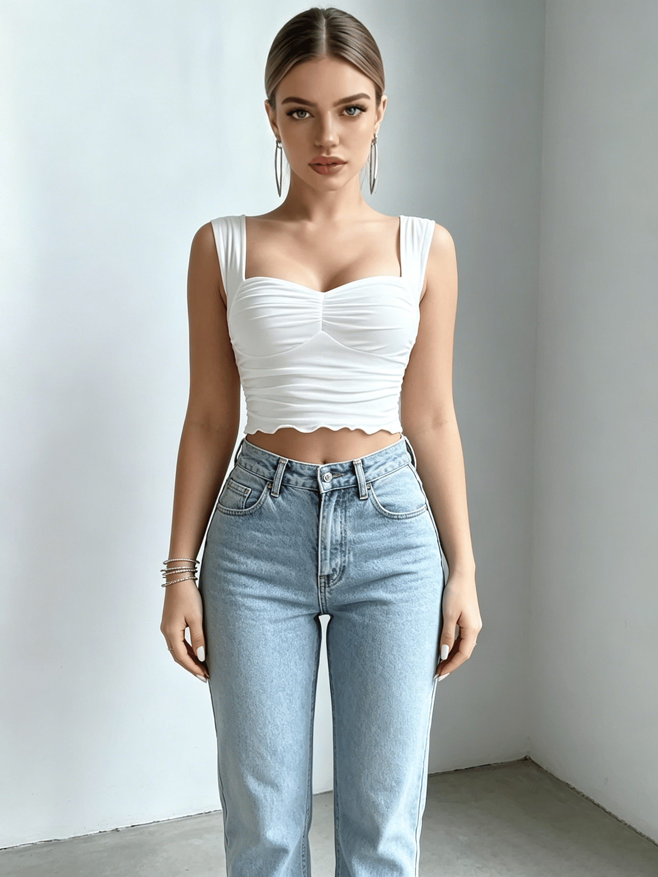 White Sweetheart Neck Ruched Wide Strap Crop Top