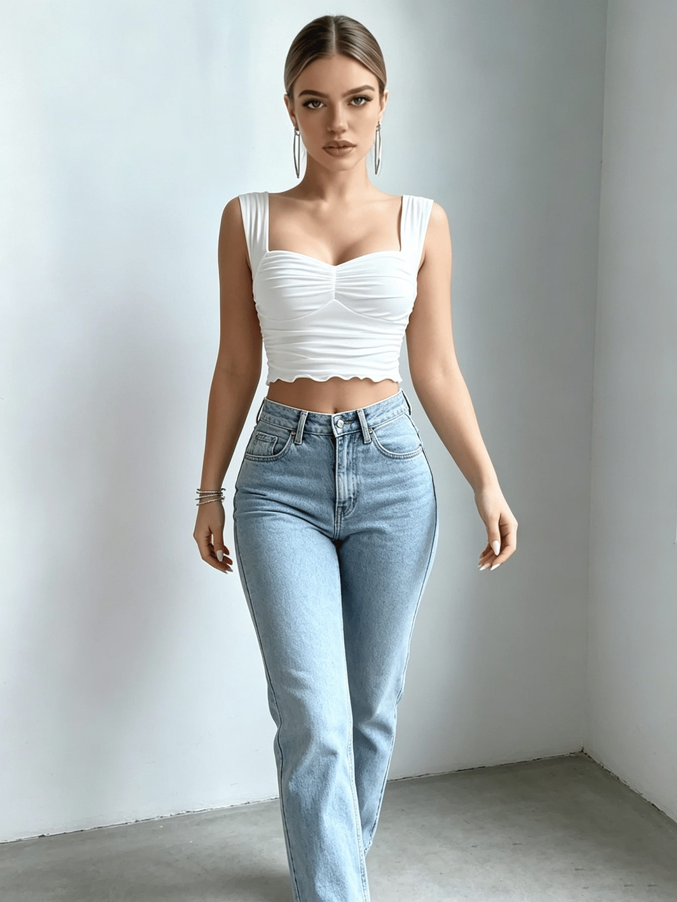 White Sweetheart Neck Ruched Wide Strap Crop Top