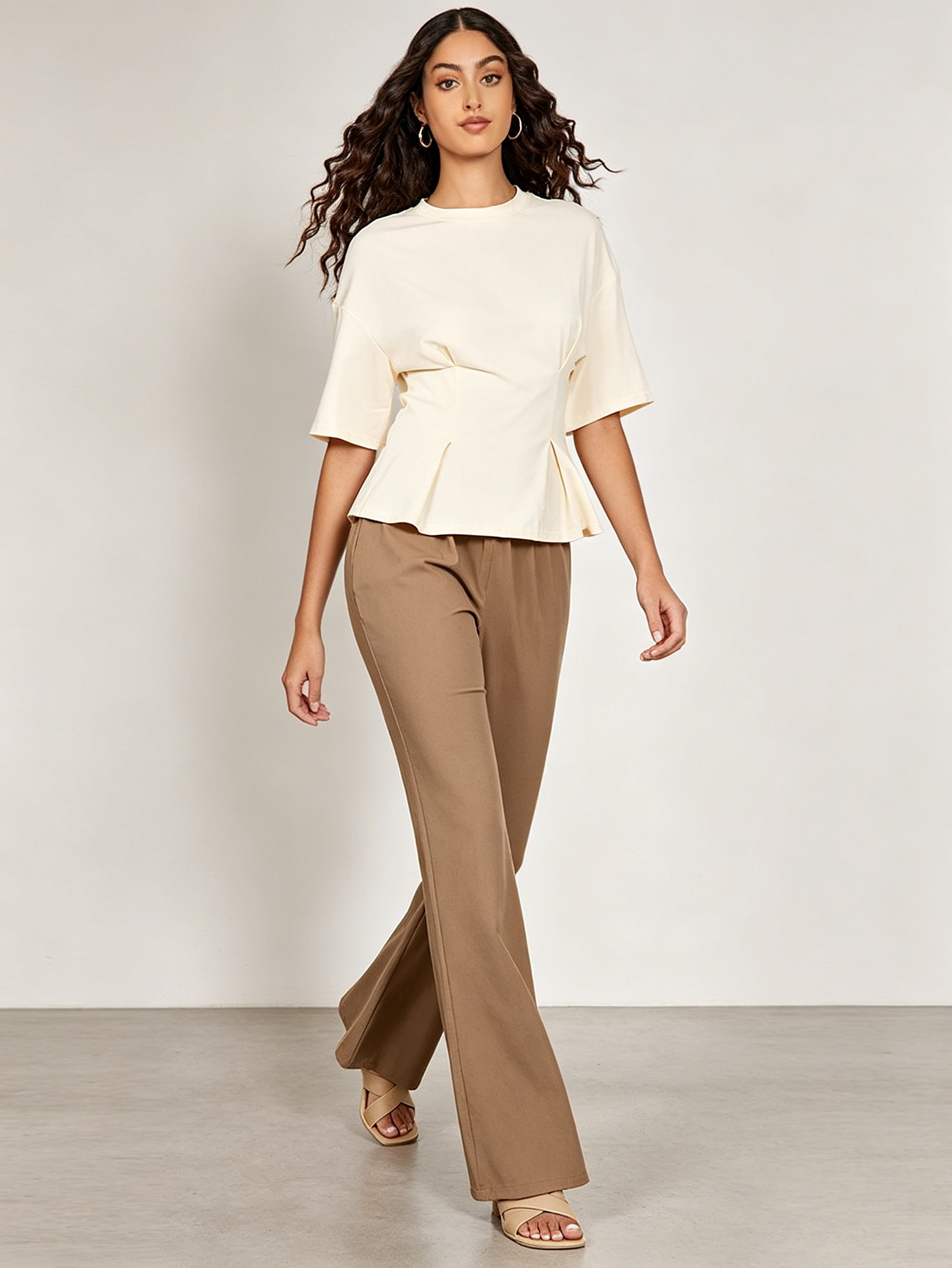 Beige Fold Pleat Waist Peplum Top