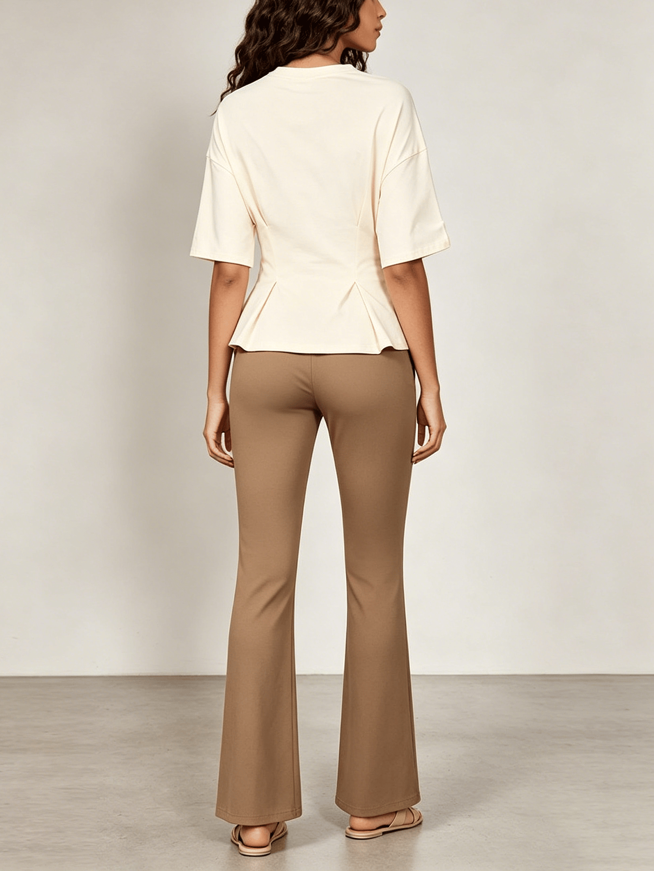 Beige Fold Pleat Waist Peplum Top