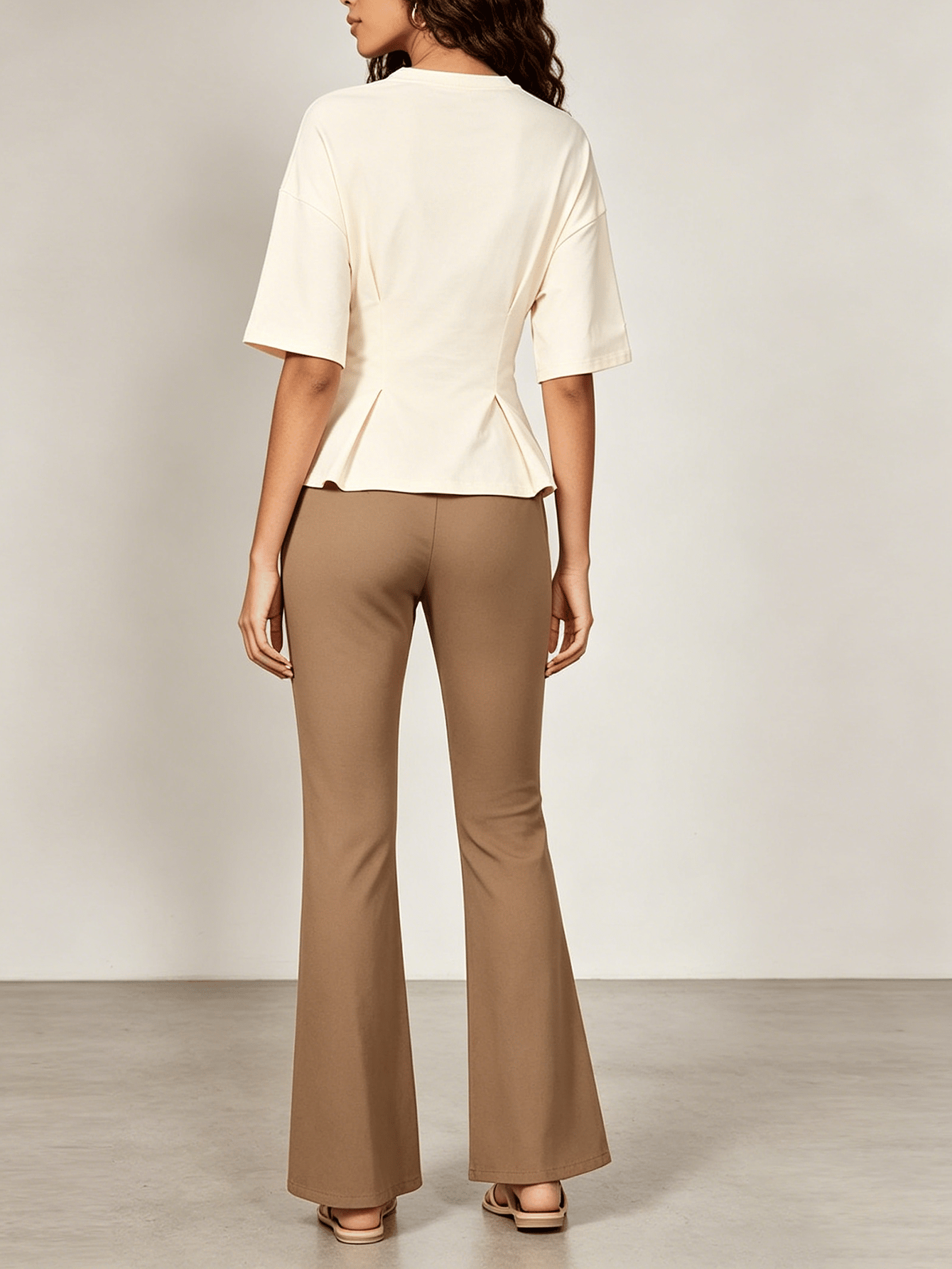 Beige Fold Pleat Waist Peplum Top