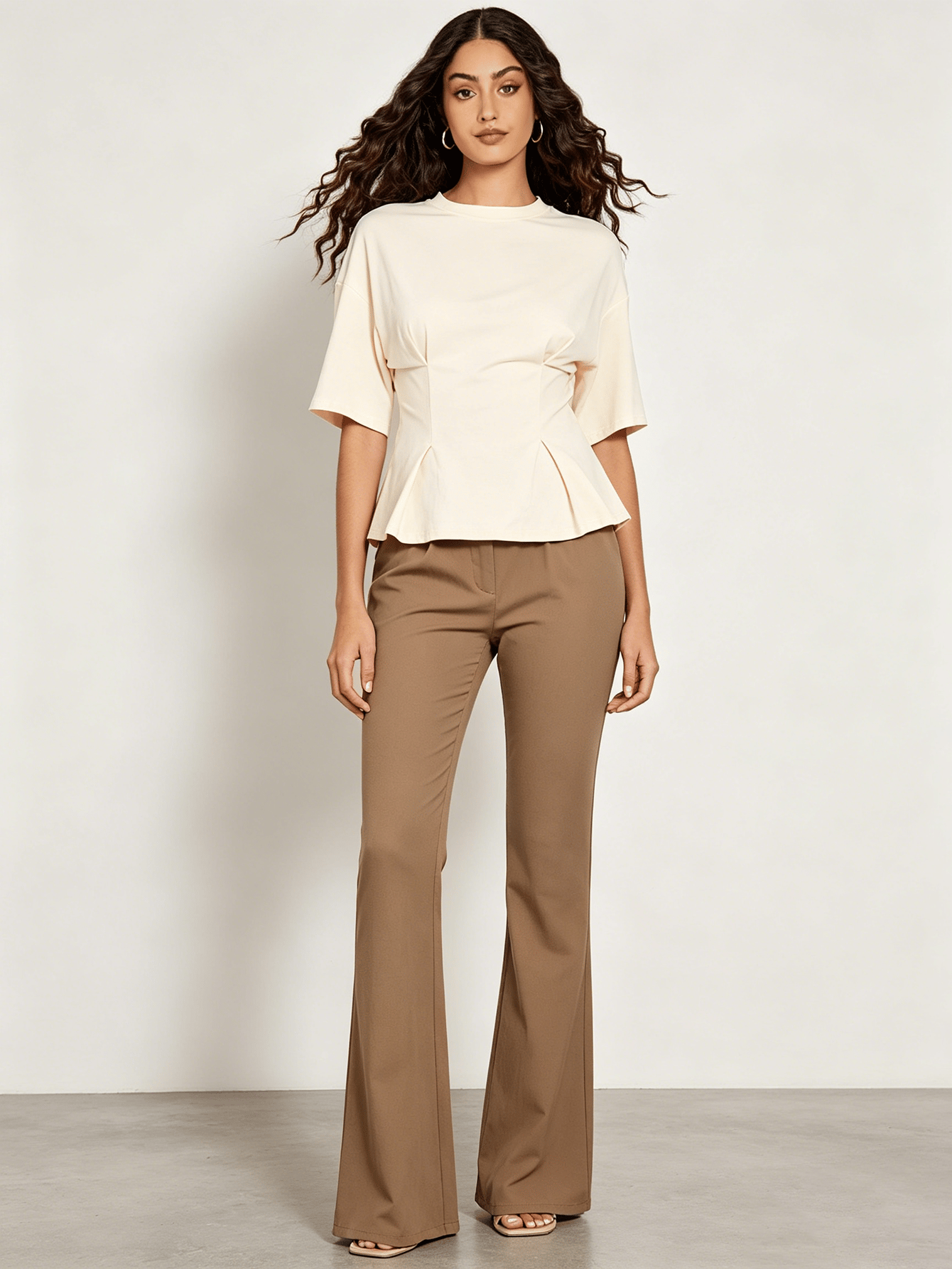 Beige Fold Pleat Waist Peplum Top