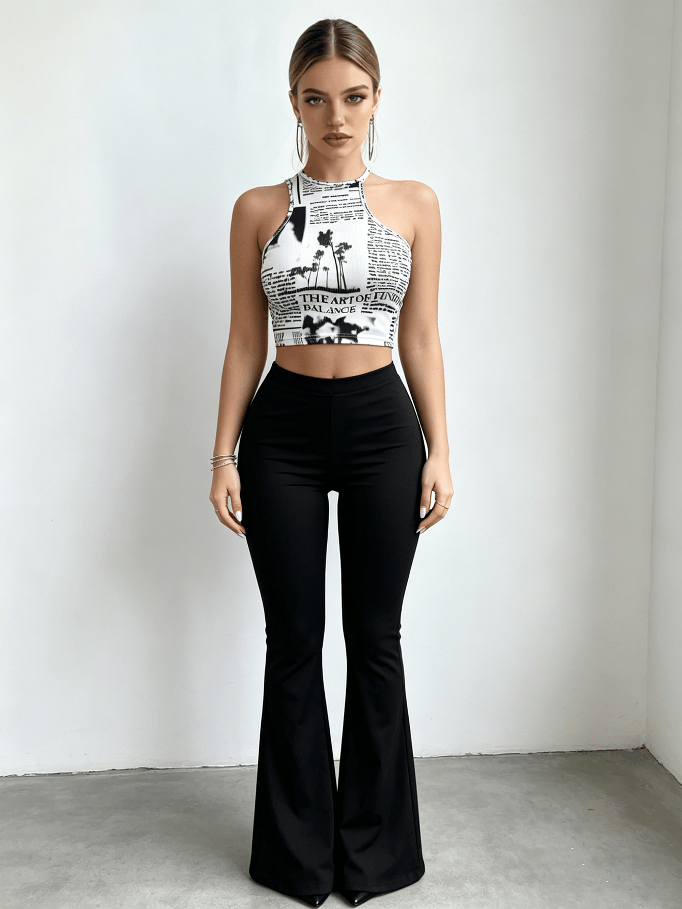 White Newspaper Print Halter Neck Crop Top