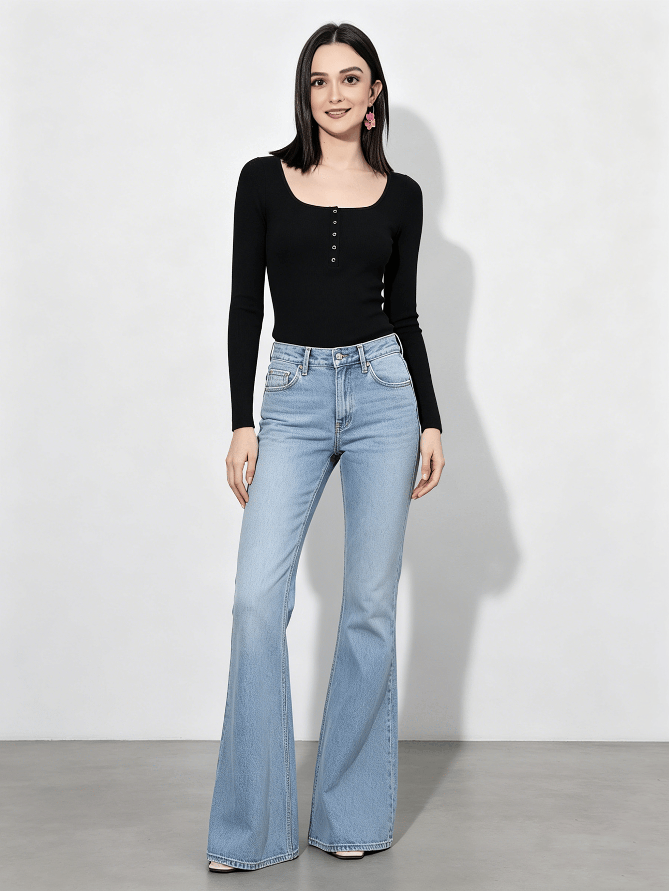 Black Ribbed Fitted Long Sleeve Top