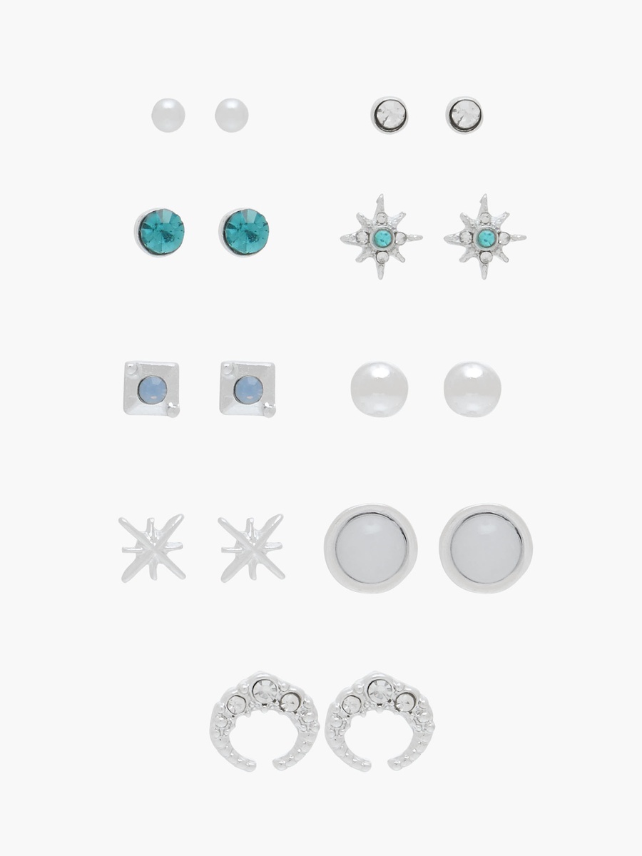Pack of 9 Silver Tone Assorted Earrings with Pushback Closure