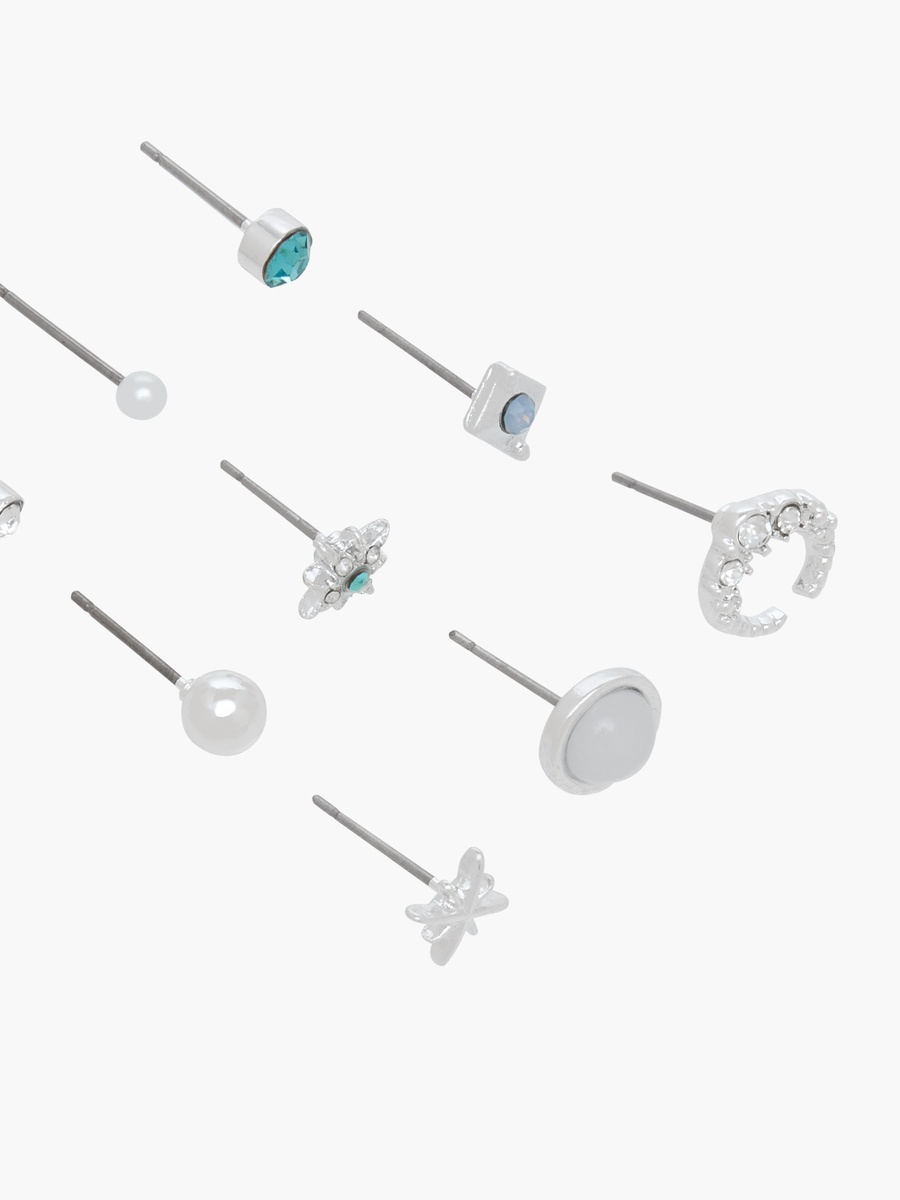 Pack of 9 Silver Tone Assorted Earrings with Pushback Closure